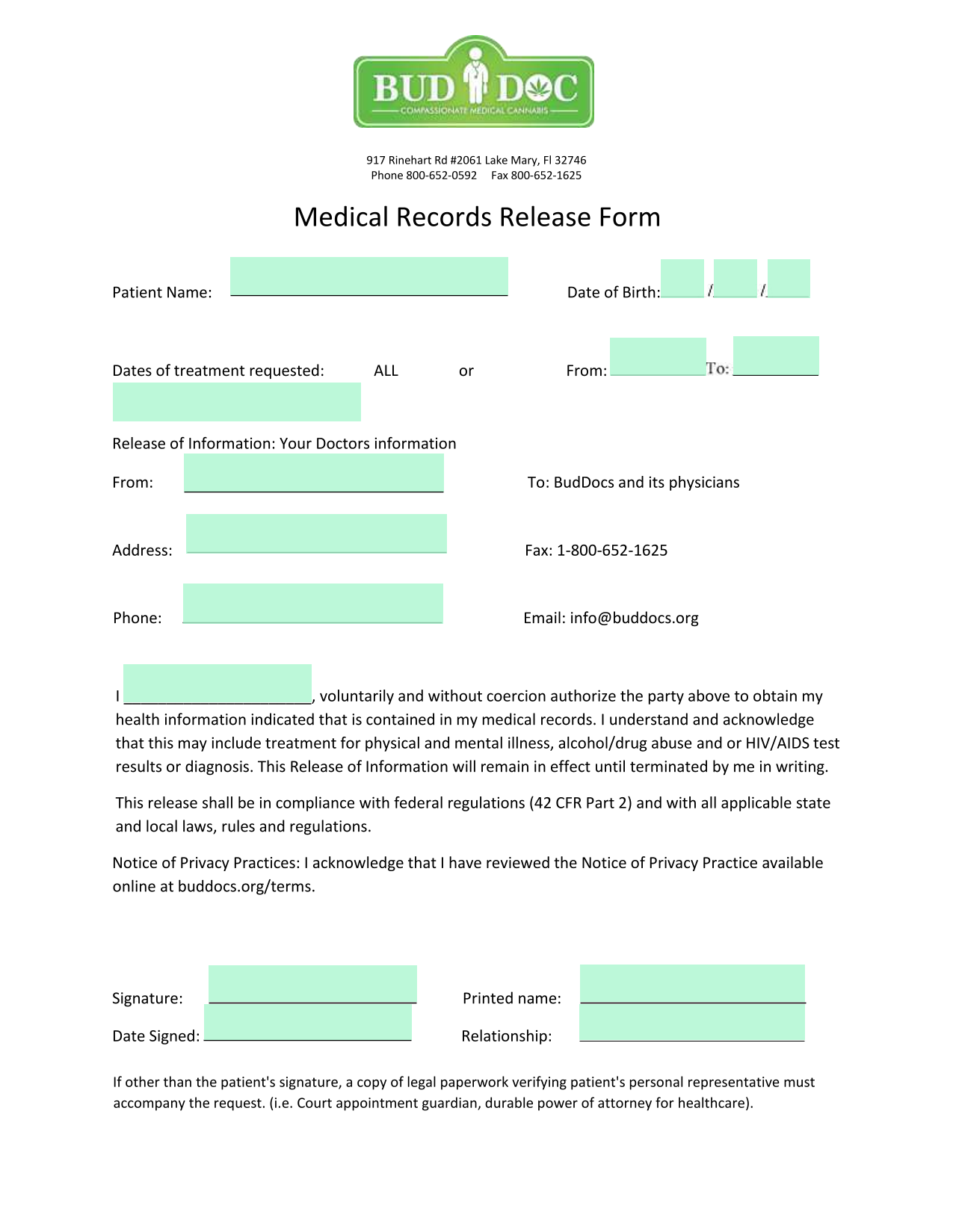 Medical Records Release Form screenshot