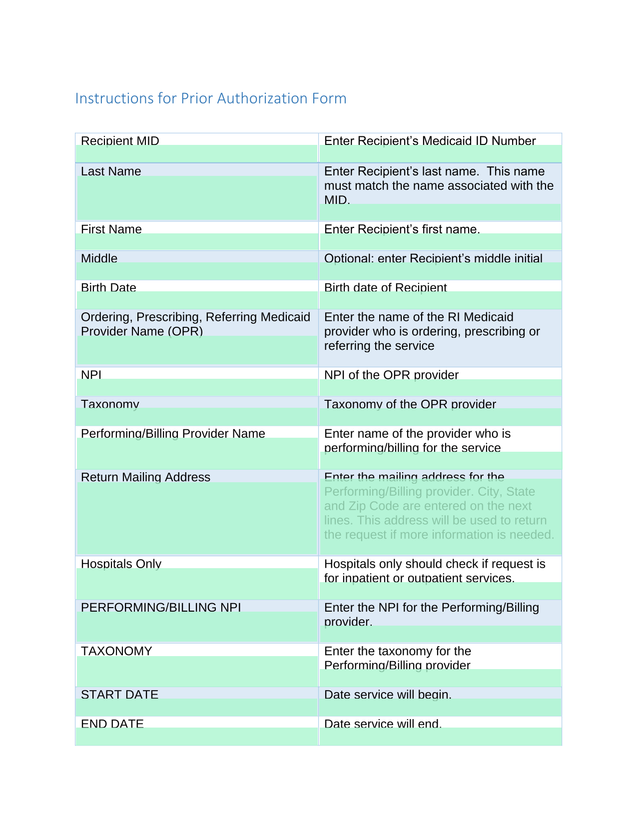 Prior Authorization Form screenshot