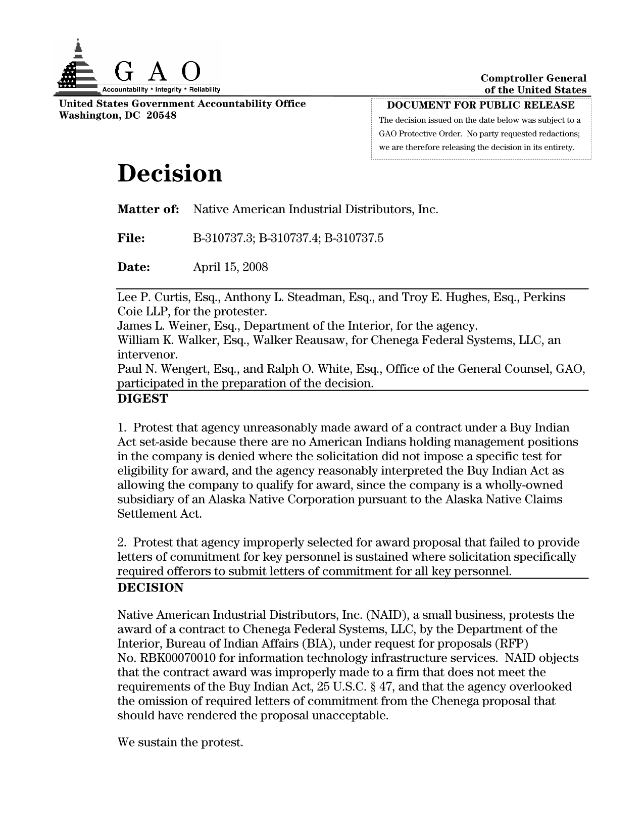 GAO Decision   Native American Industrial Distributors, Inc. Protest screenshot