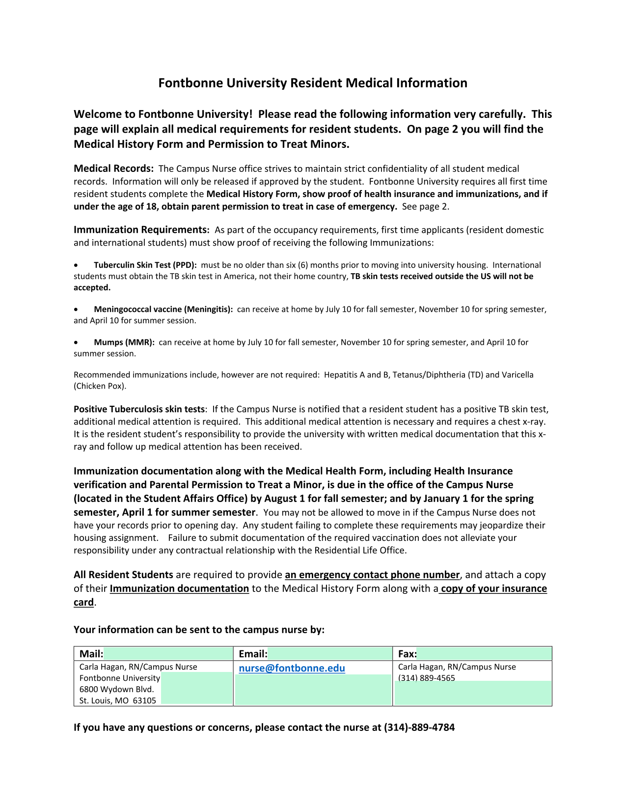Fontbonne University Resident Medical Information screenshot