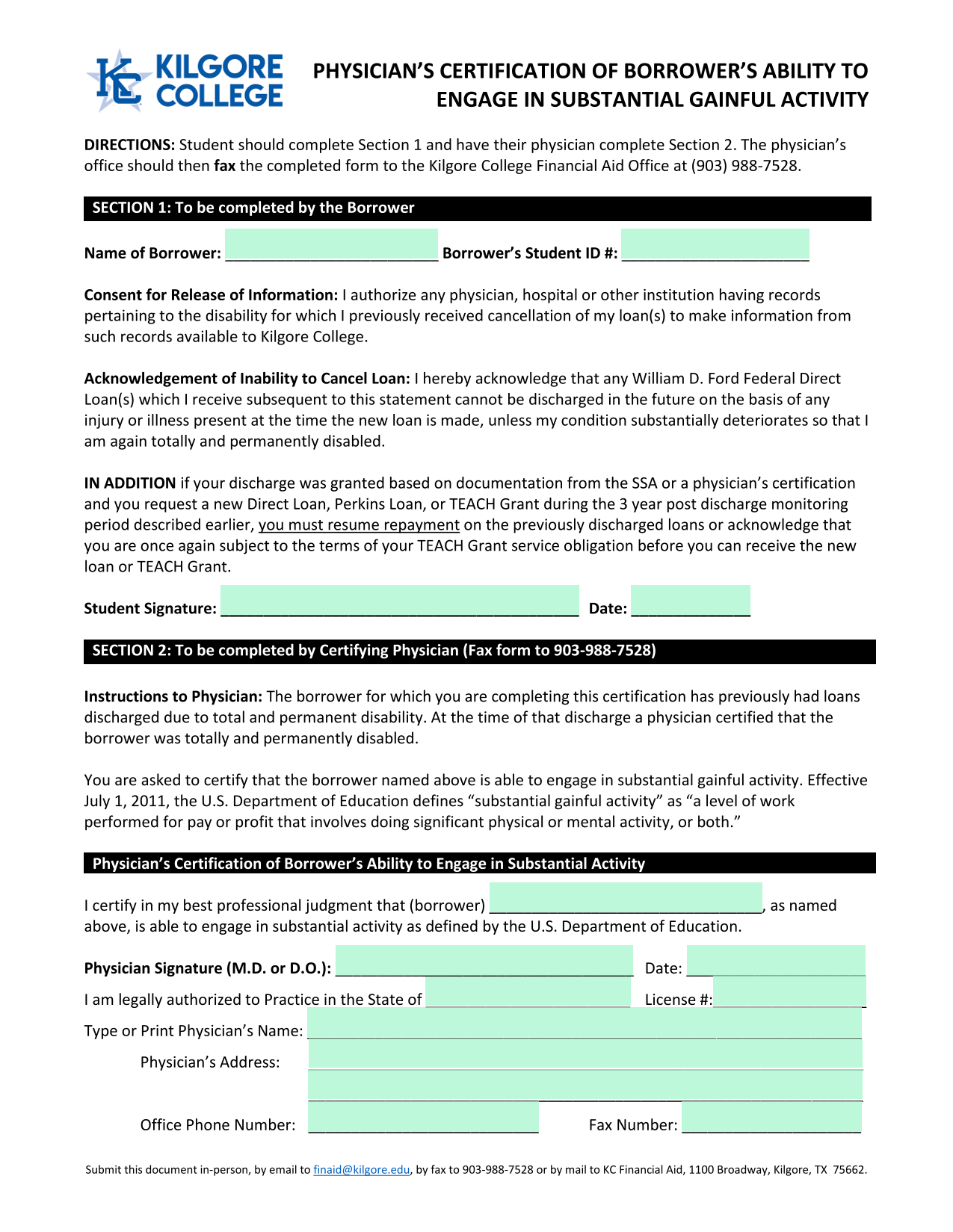 PhysicianS Certification Of BorrowerS Ability To Engage In Substantial Gainful Activity screenshot