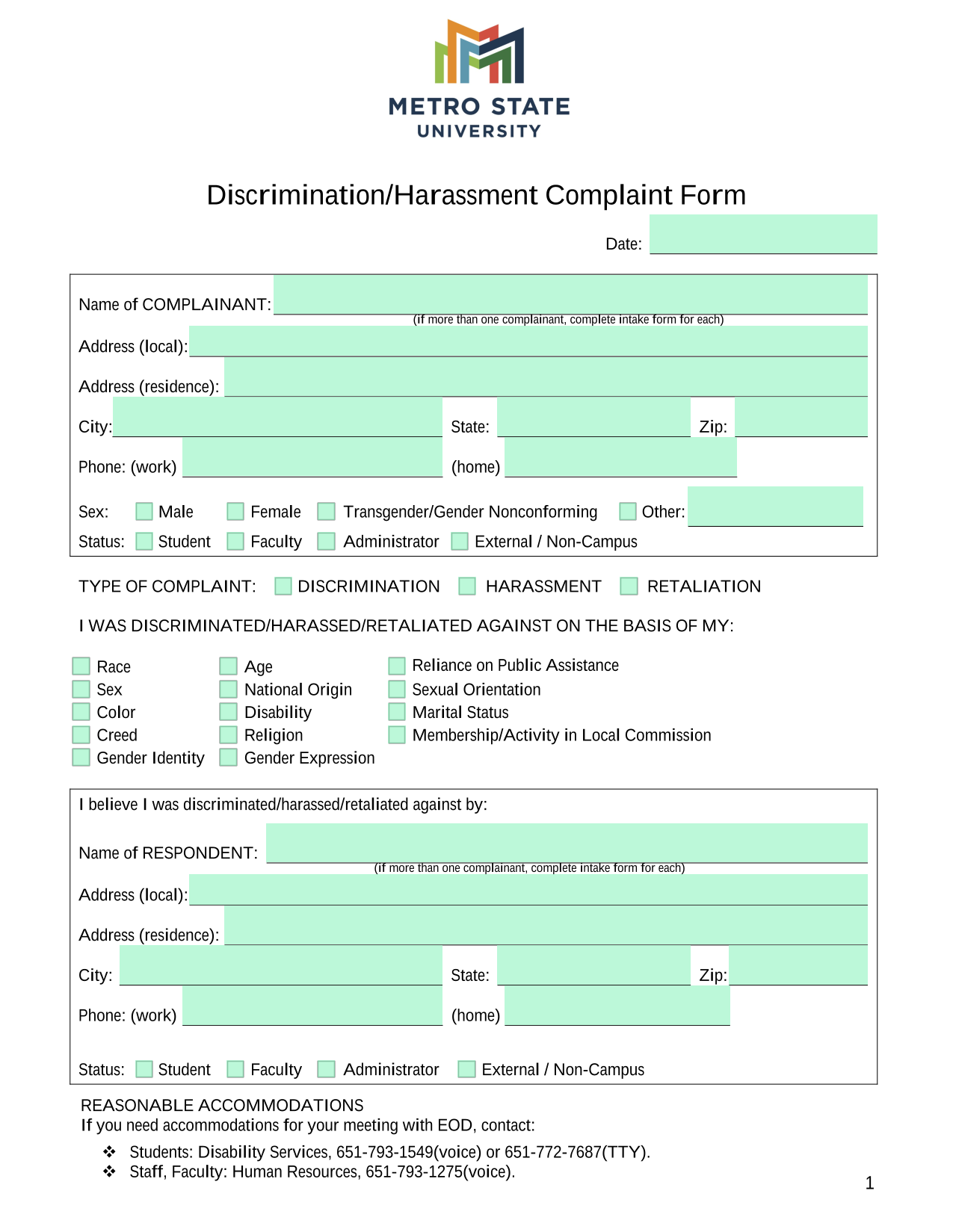 DiscriminationHarassment Complaint Form screenshot