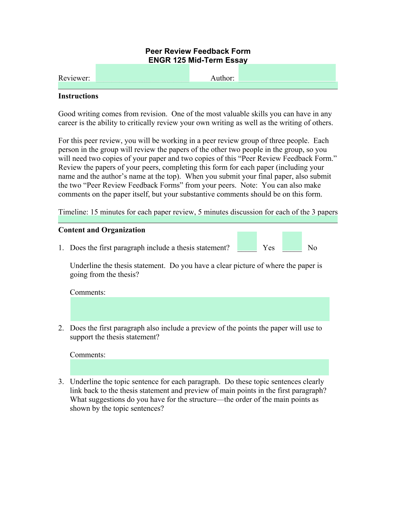 Peer Review Feedback Form screenshot
