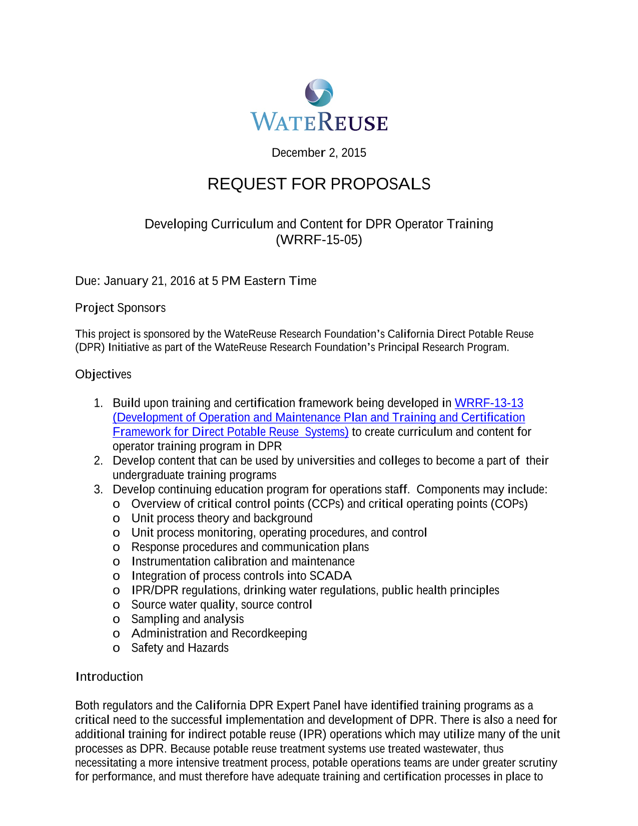 Request For Proposals Developing Curriculum And Content For DPR Operator Training screenshot