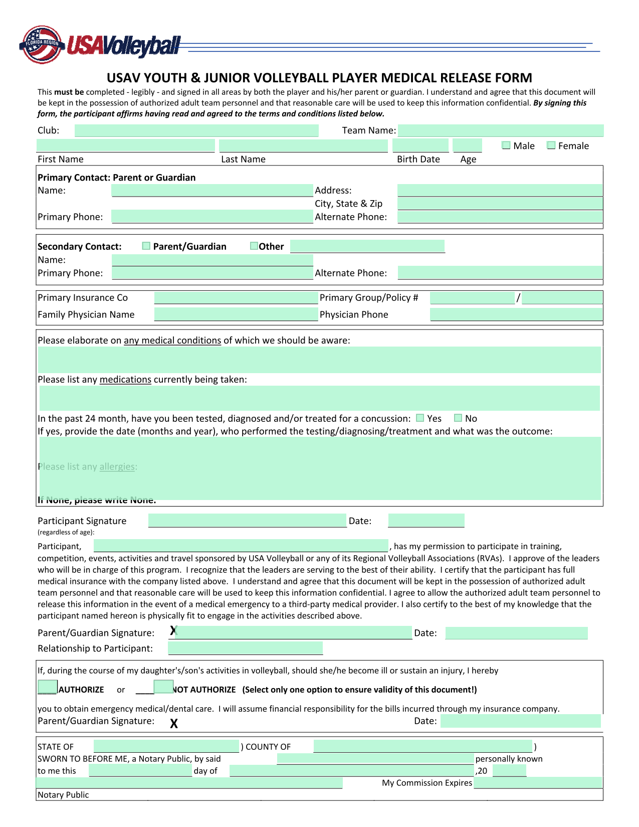 USAV YOUTH  JUNIOR VOLLEYBALL PLAYER MEDICAL RELEASE FORM screenshot