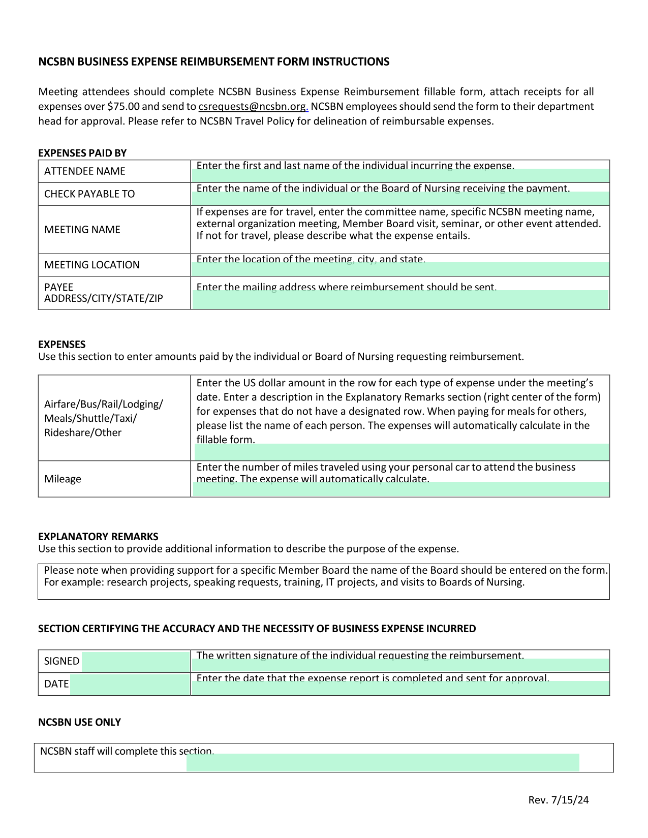 NCSBN Business Expense Reimbursement Form Instructions screenshot