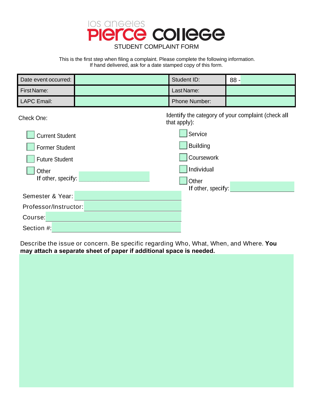 STUDENT COMPLAINT FORM screenshot