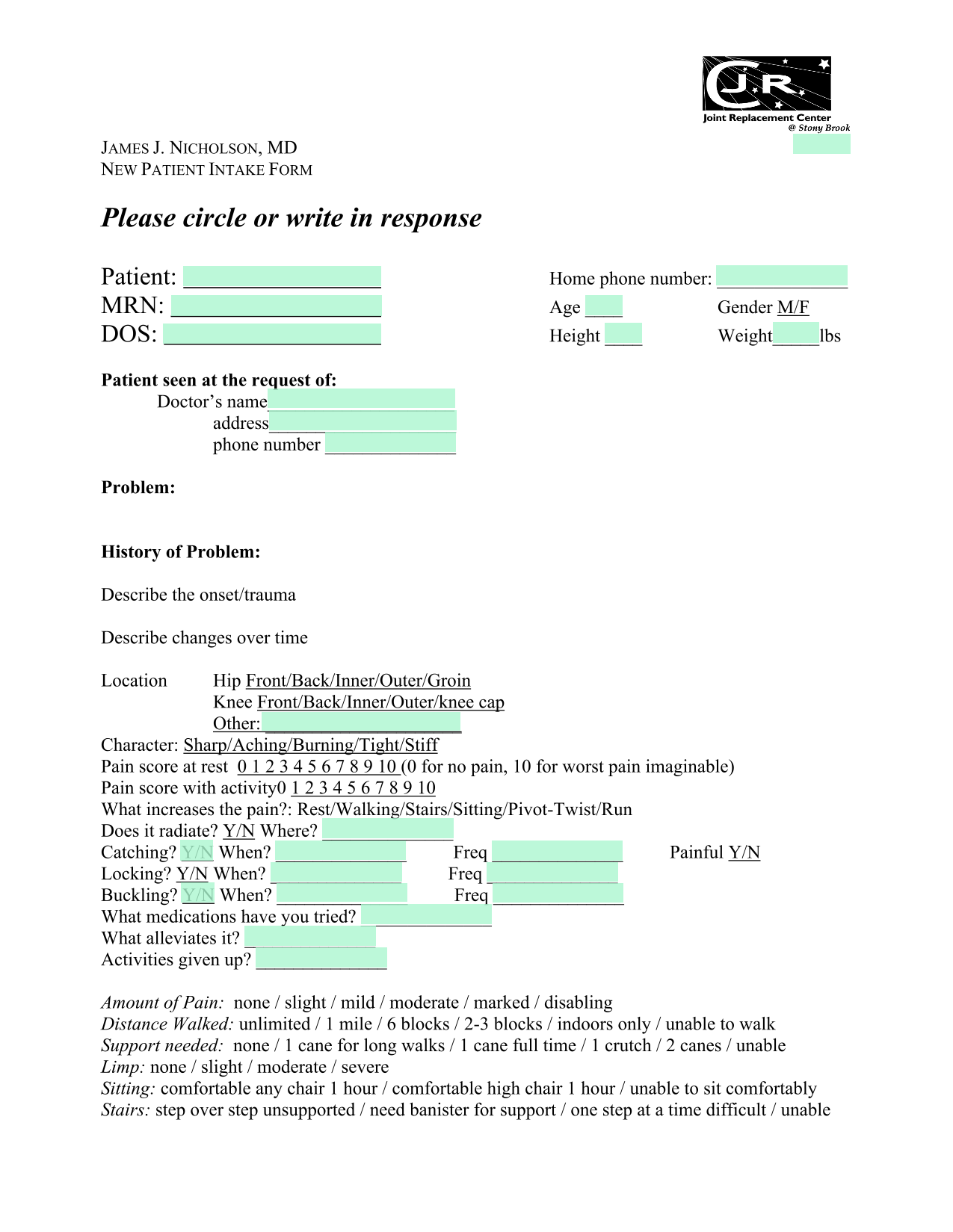 New Patient Intake Form screenshot