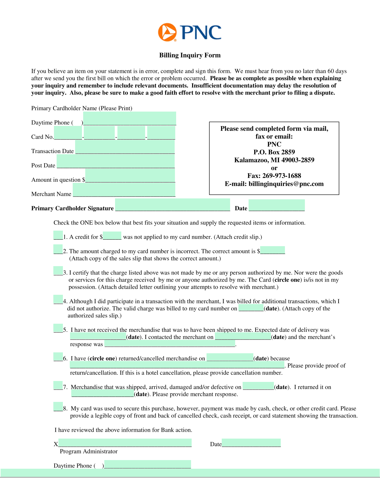 Billing Inquiry Form screenshot
