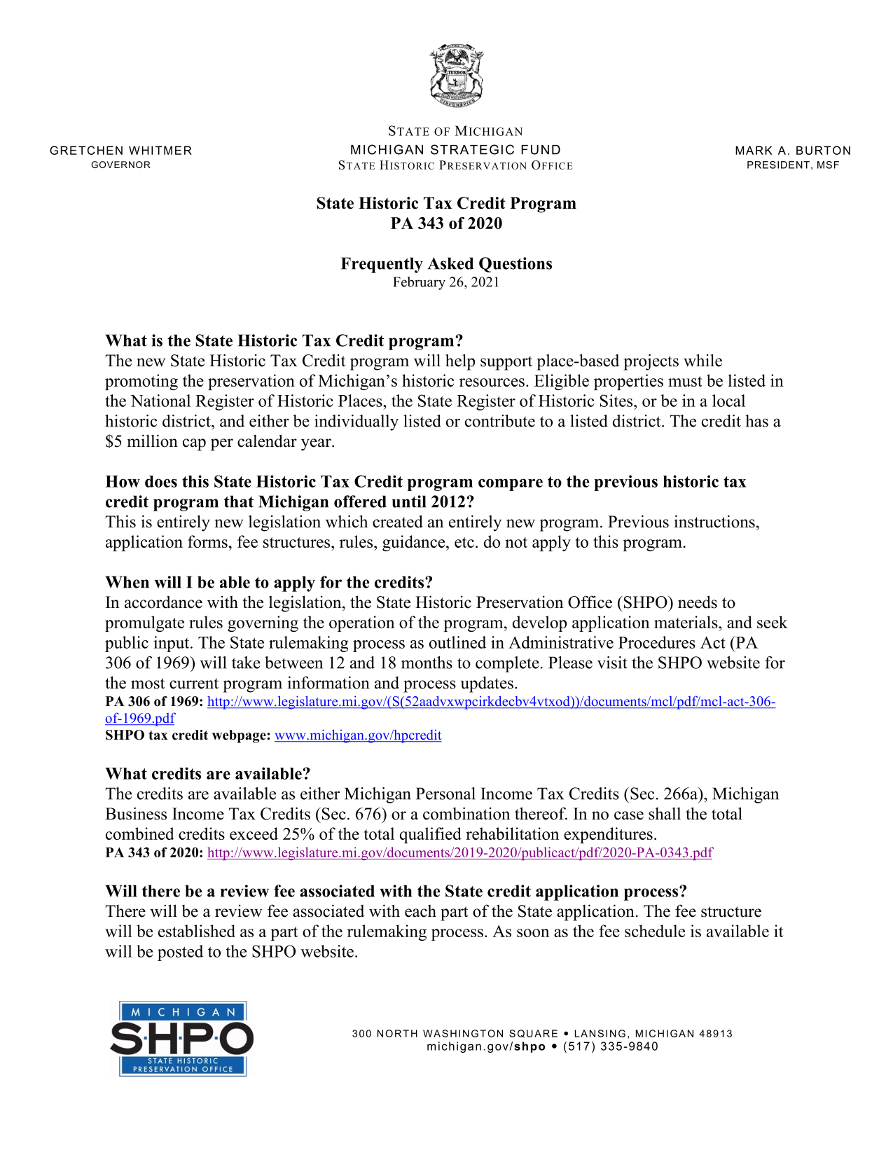 State Historic Tax Credit Program Frequently Asked Questions screenshot
