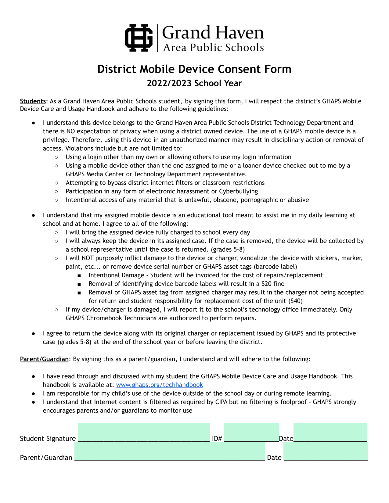 District Mobile Device Consent Form screenshot