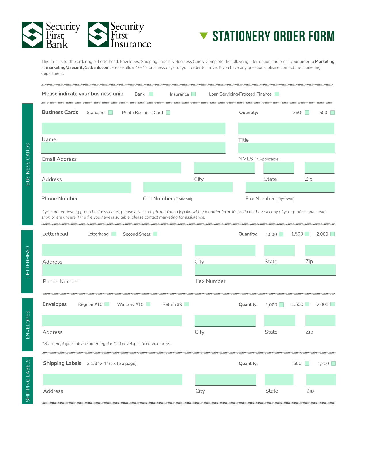 Stationery Order Form screenshot
