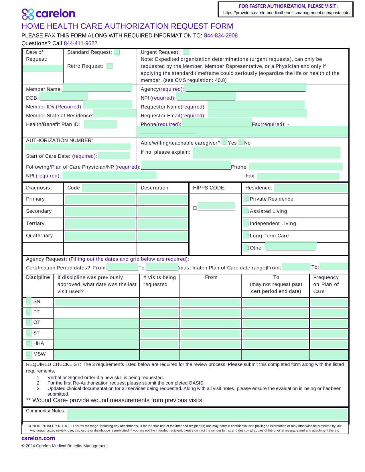 Home Health Care Authorization Request Form screenshot