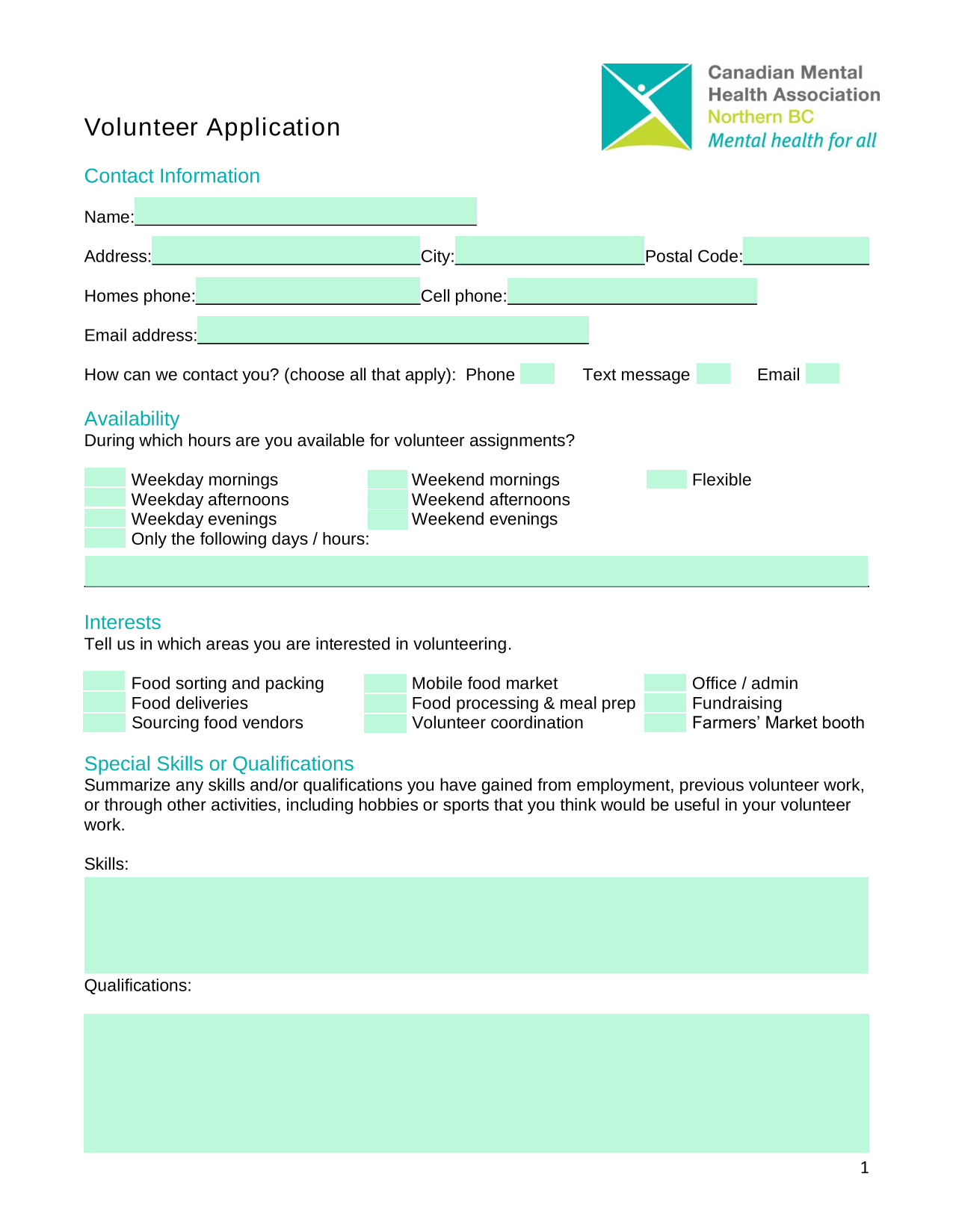 Volunteer Application Form screenshot