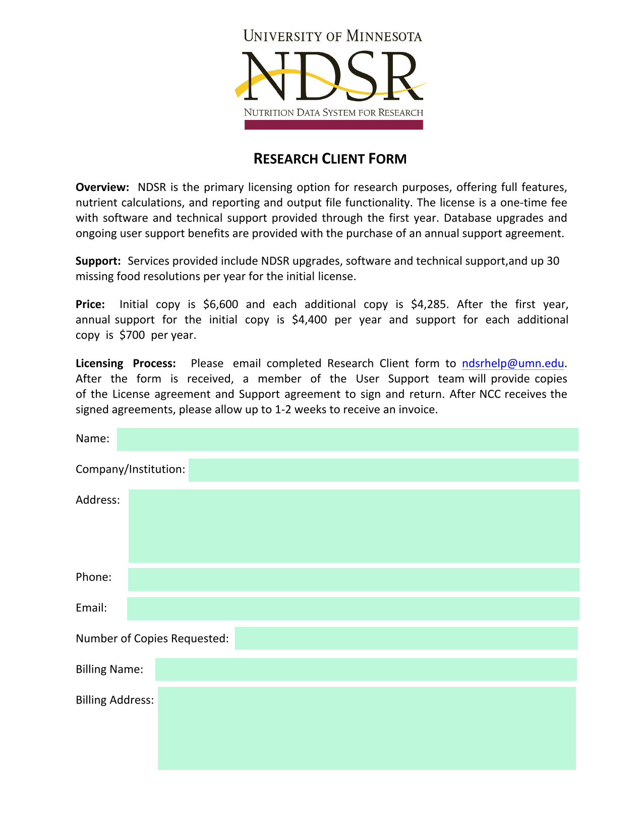 RESEARCH CLIENT FORM screenshot