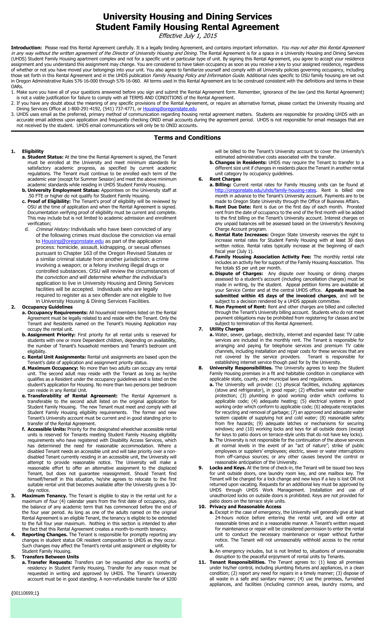 Student Family Housing Rental Agreement screenshot