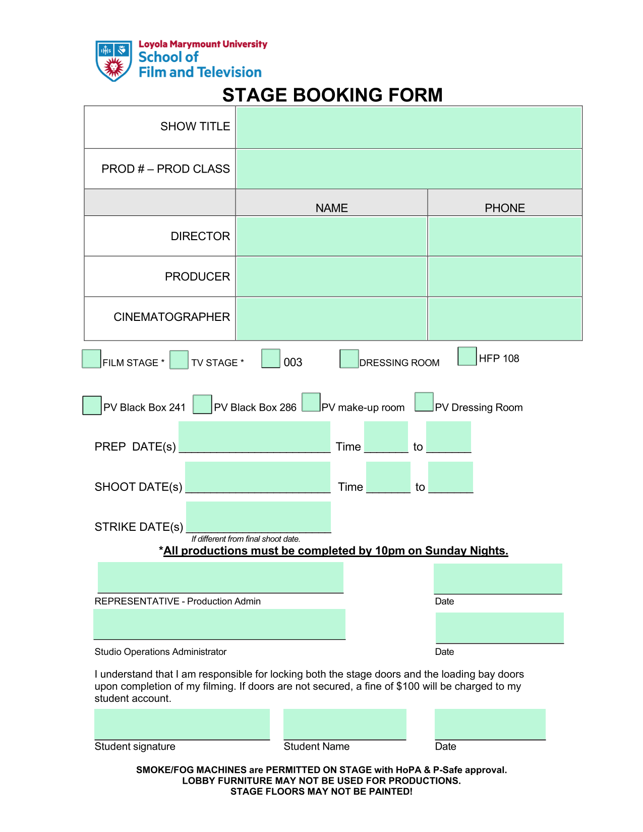 STAGE BOOKING FORM screenshot
