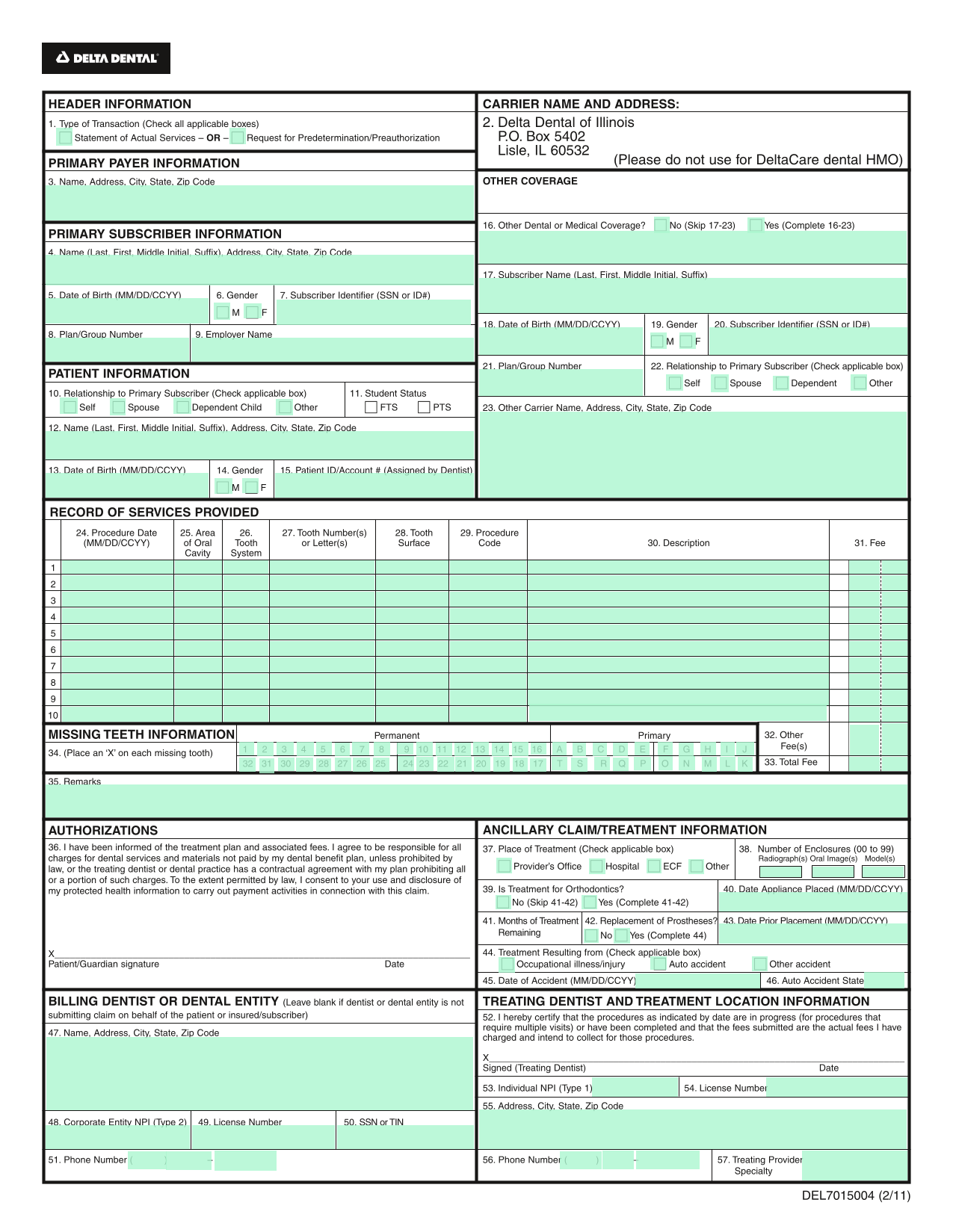 Dental Claim Form screenshot