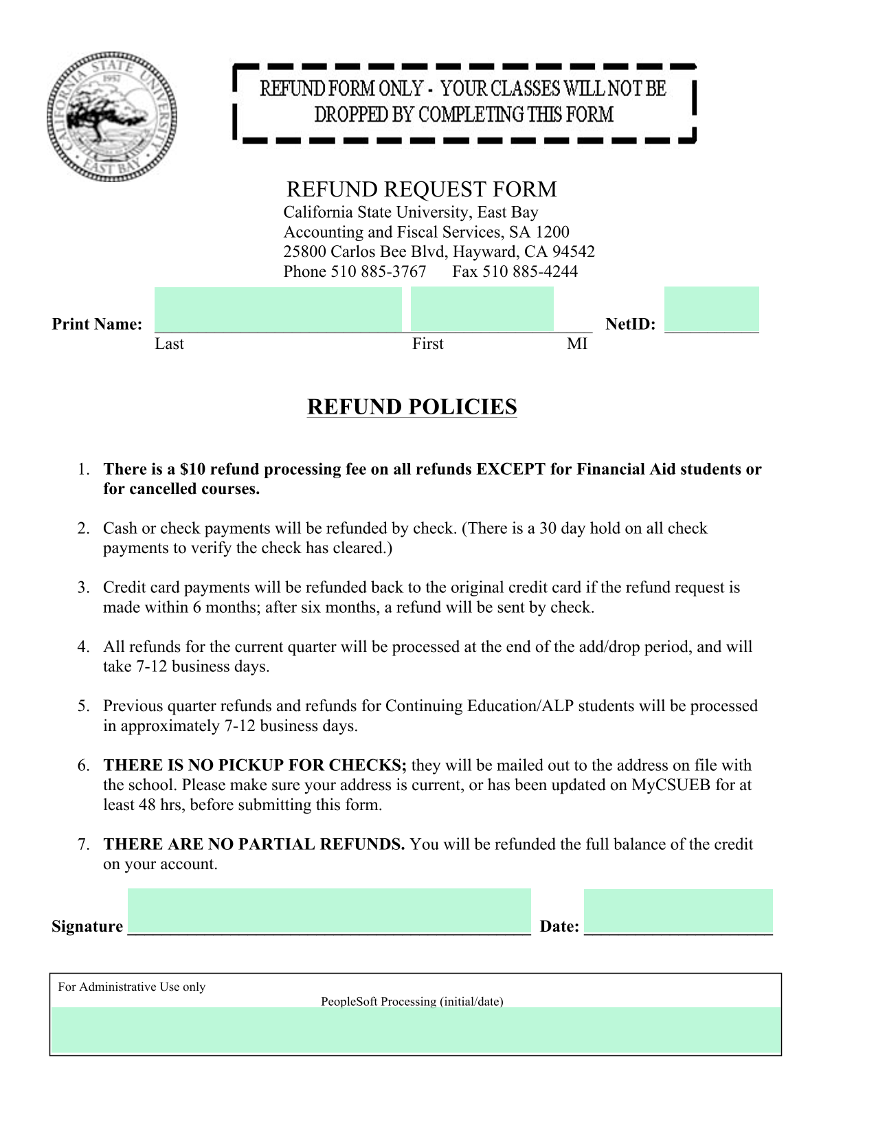 REFUND REQUEST FORM screenshot