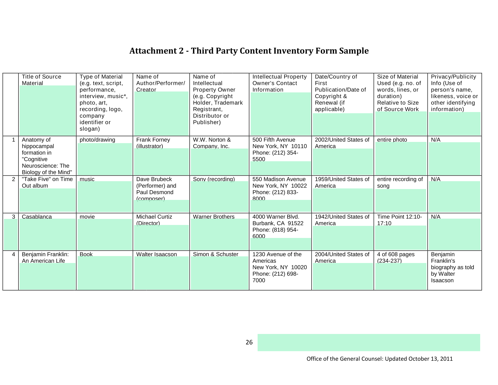 Third Party Content Inventory Form Sample screenshot