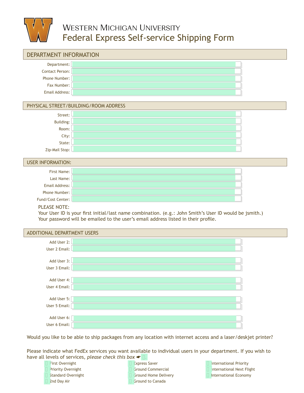 Federal Express Self Service Shipping Form screenshot