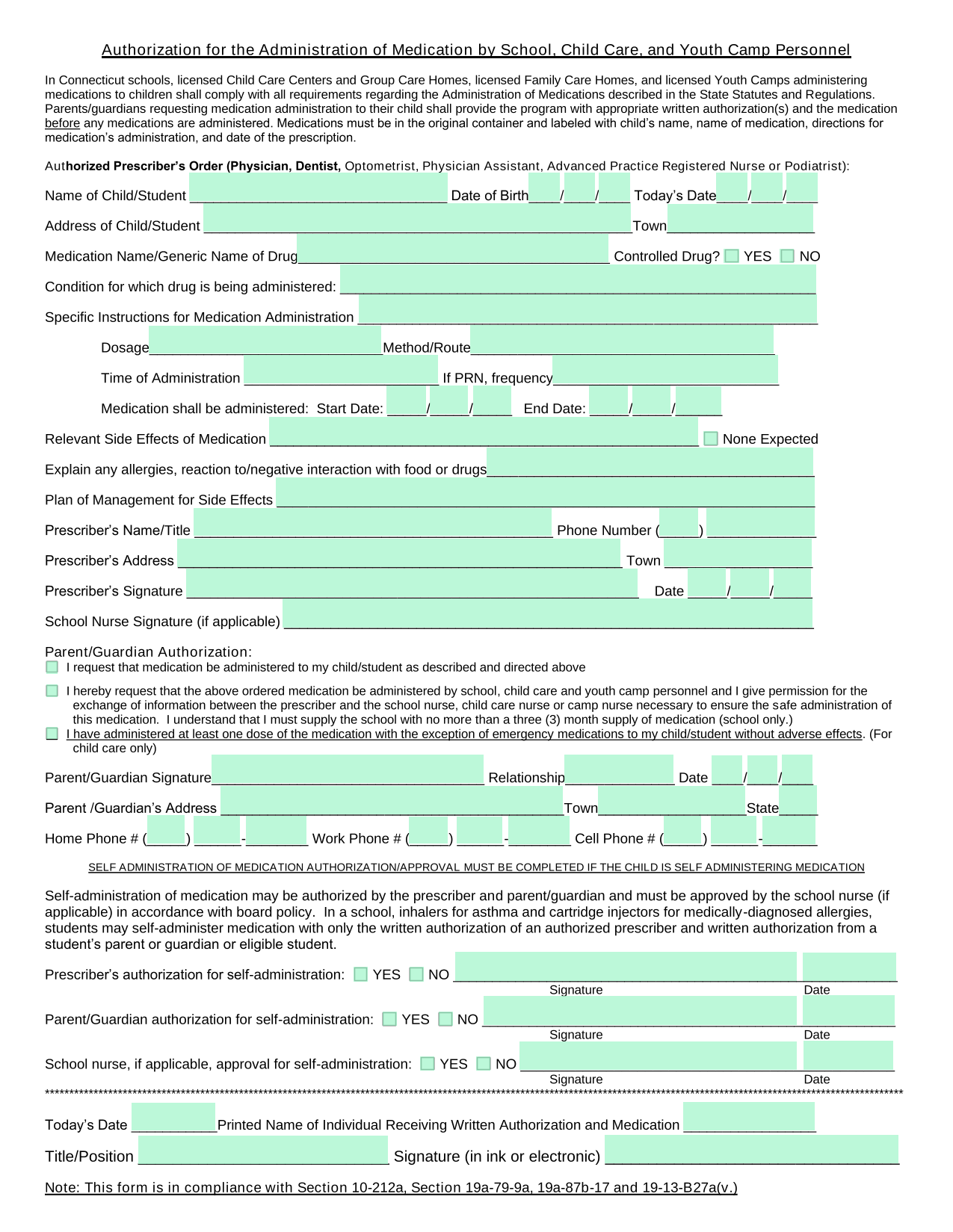 Authorization For The Administration Of Medication By School, Child Care, And Youth Camp Personnel screenshot