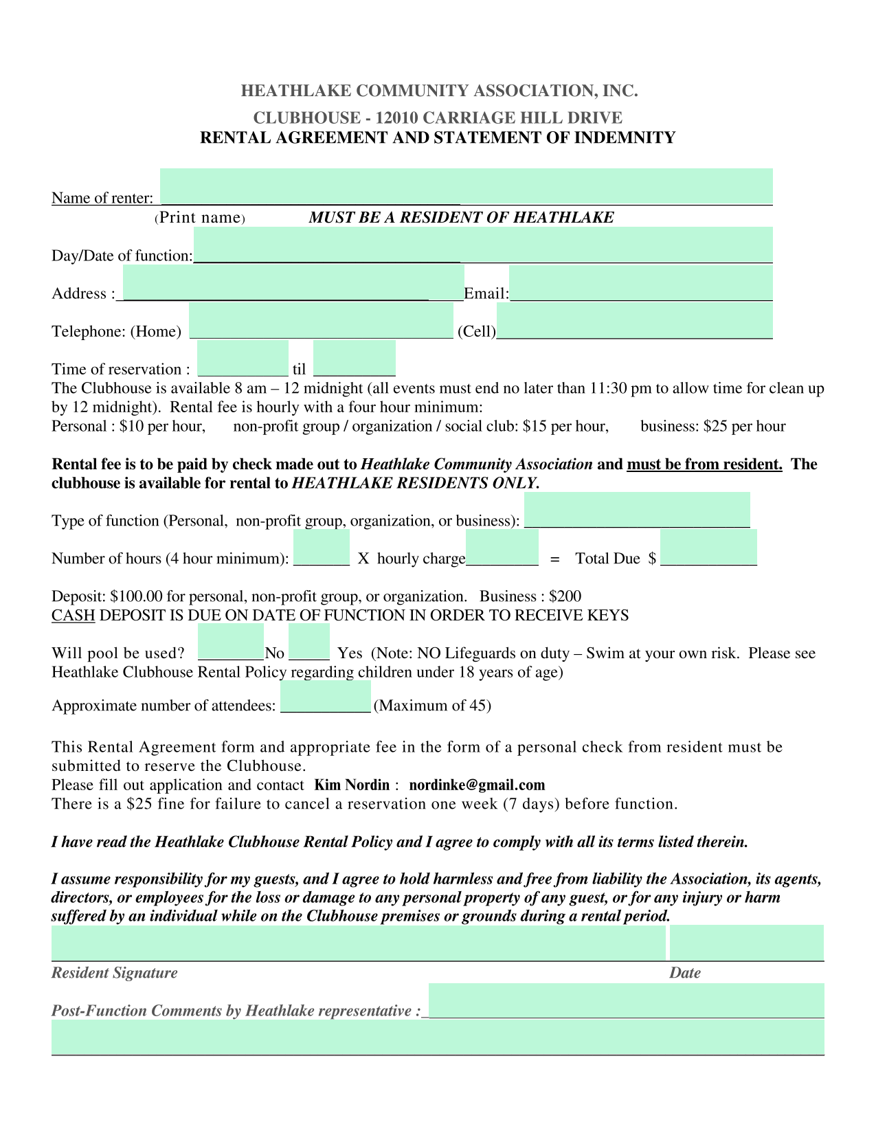 Clubhouse Rental Agreement And Statement Of Indemnity screenshot