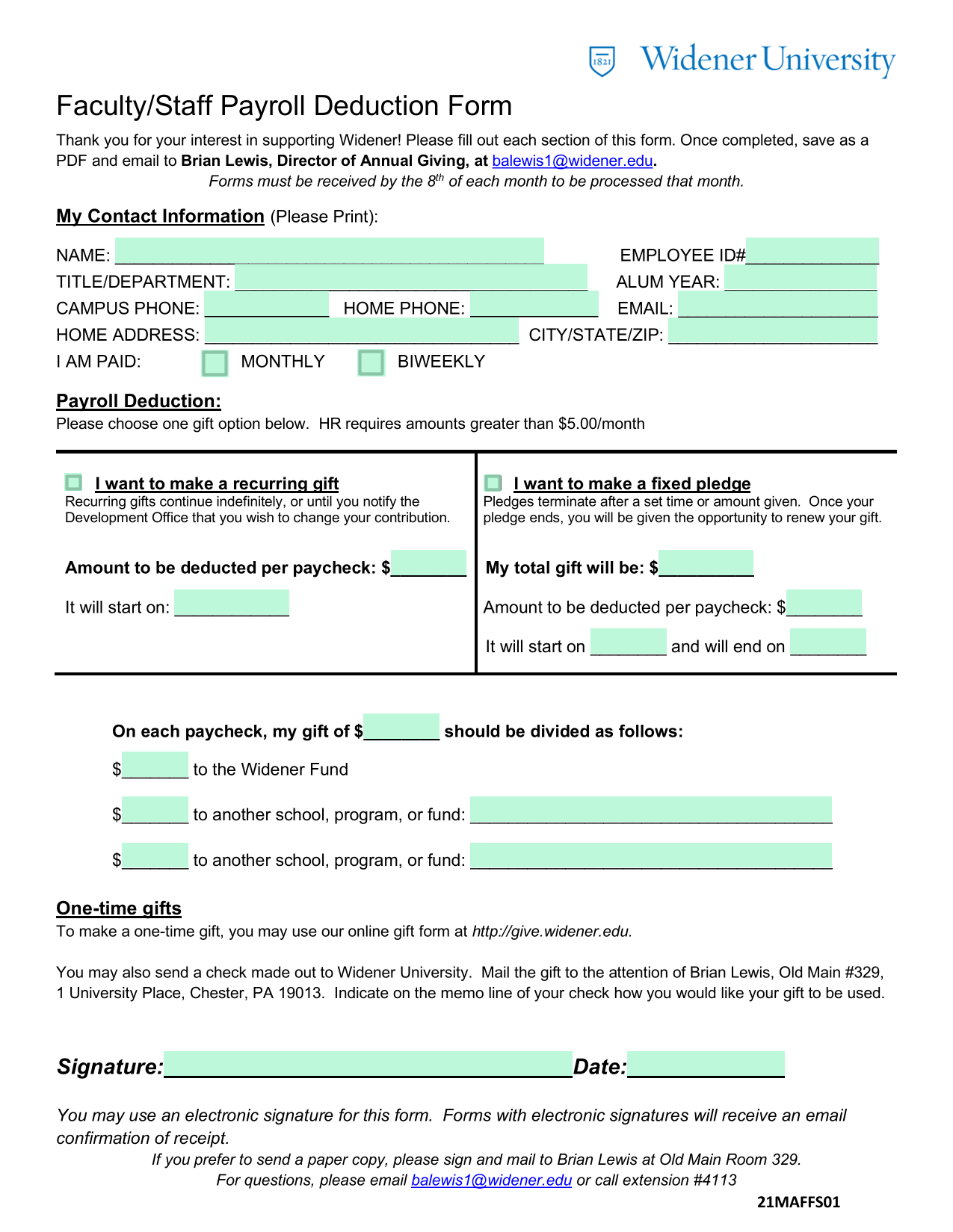 FacultyStaff Payroll Deduction Form screenshot