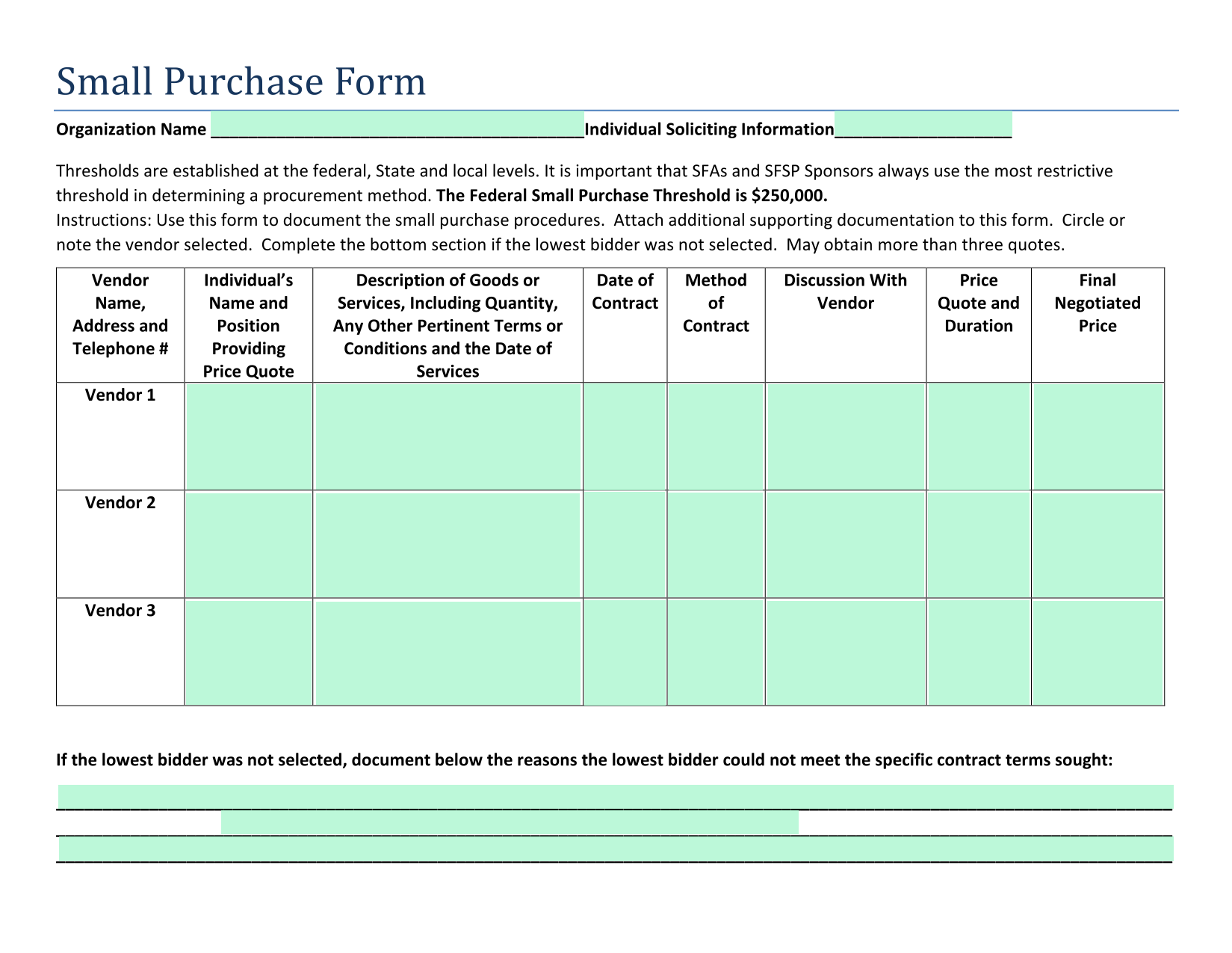 Small Purchase Form screenshot