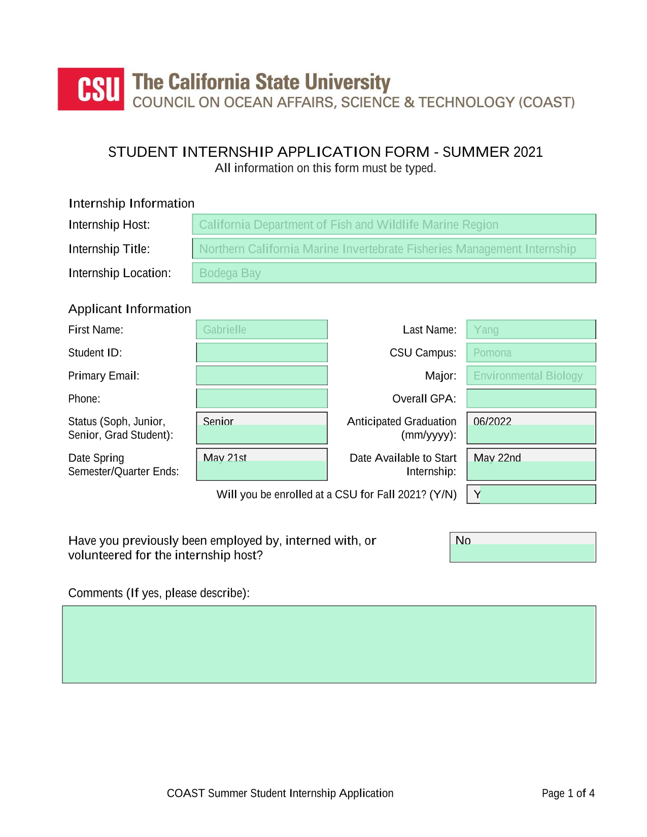 COAST Summer Student Internship Application screenshot