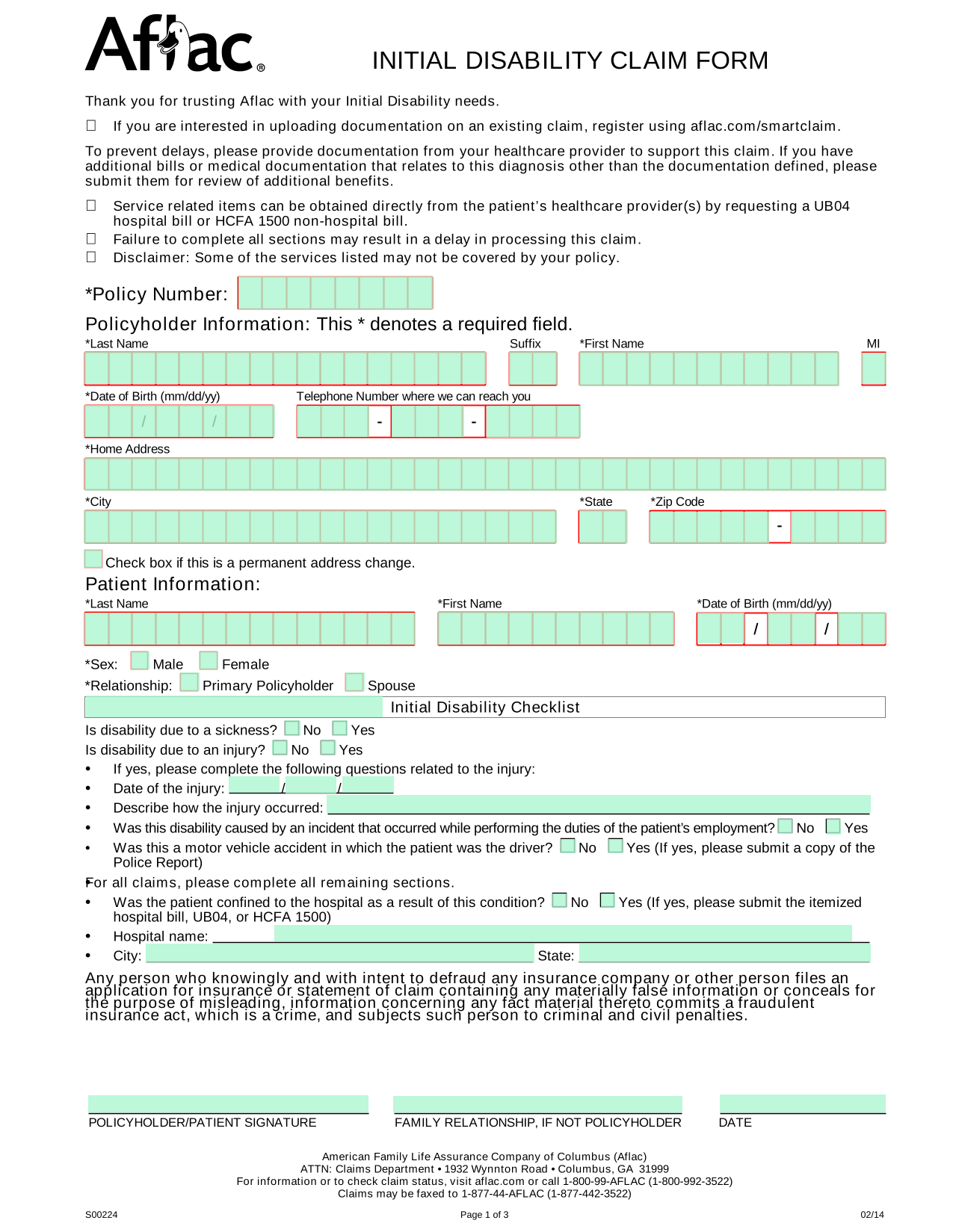 Initial Disability Claim Form screenshot