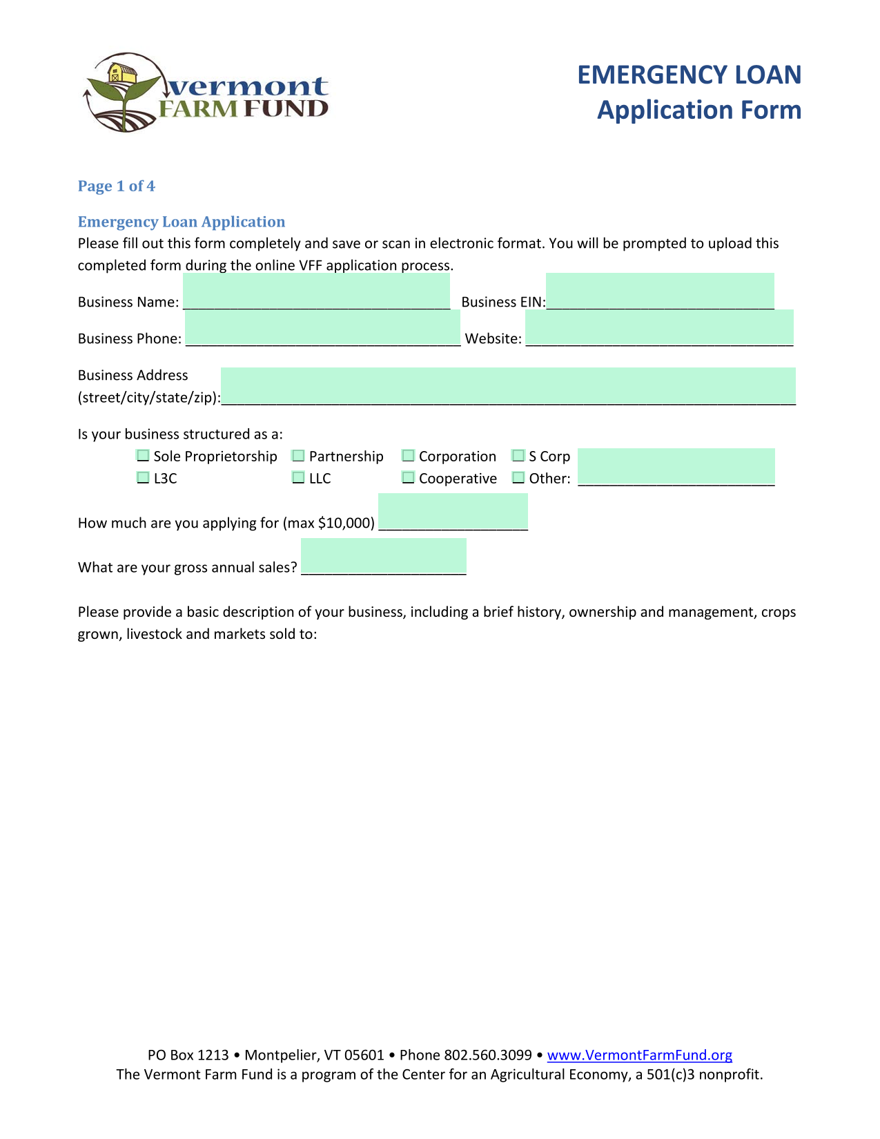 Emergency Loan Application Form screenshot