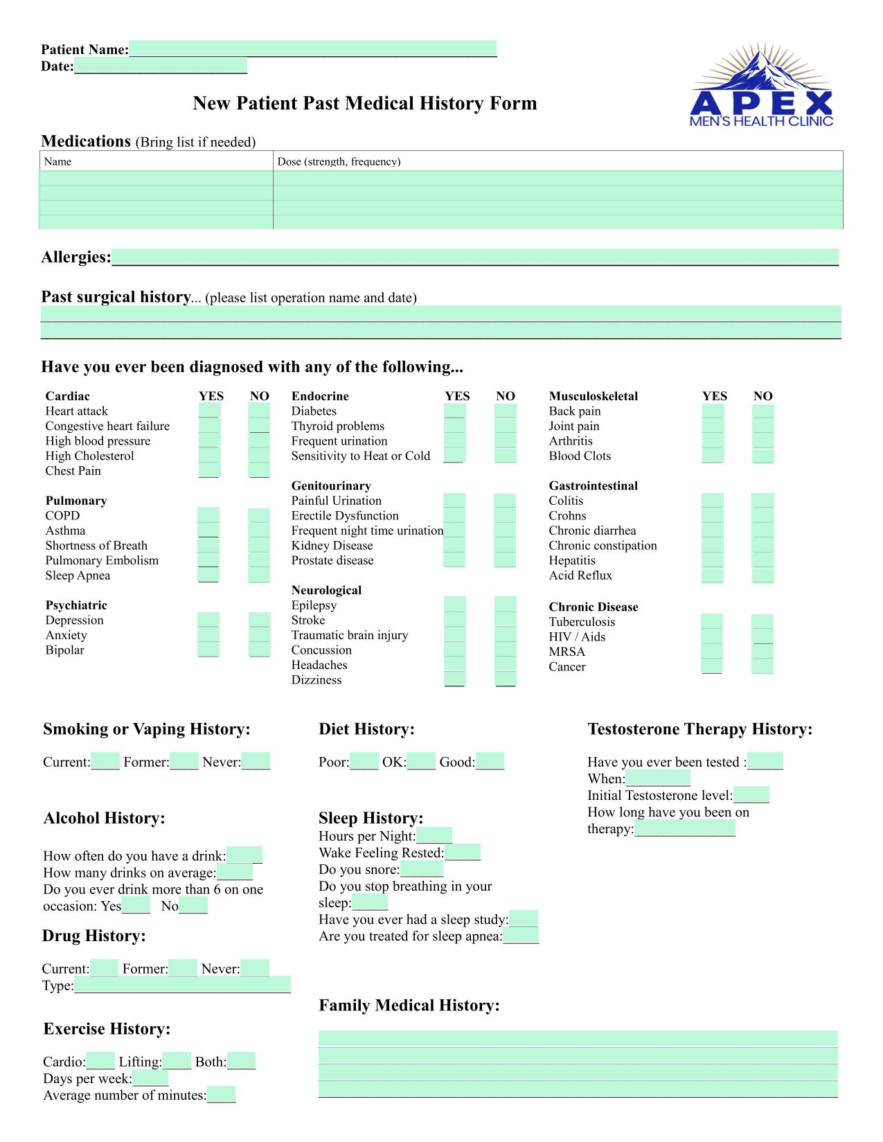 New Patient Past Medical History Form screenshot