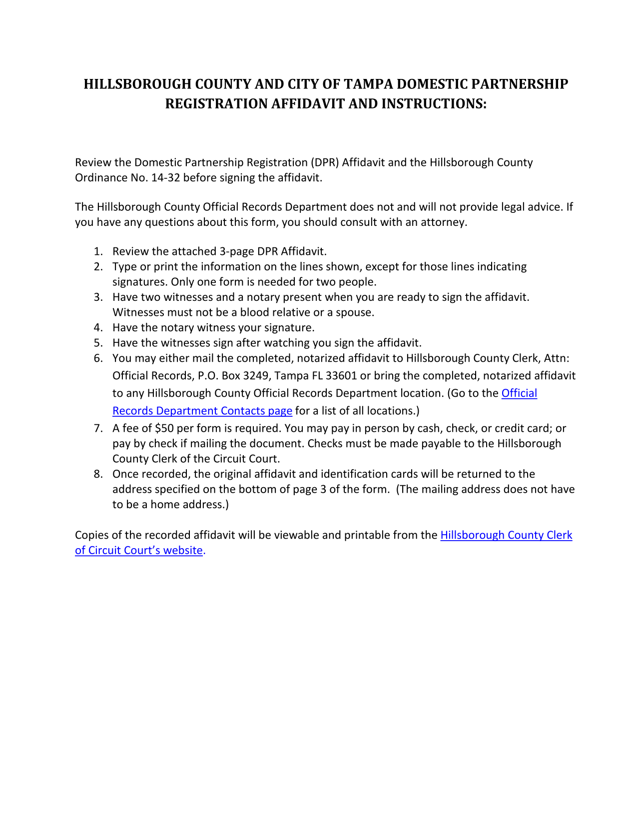 Hillsborough County And City Of Tampa Domestic Partnership Registration Affidavit And Instructions screenshot
