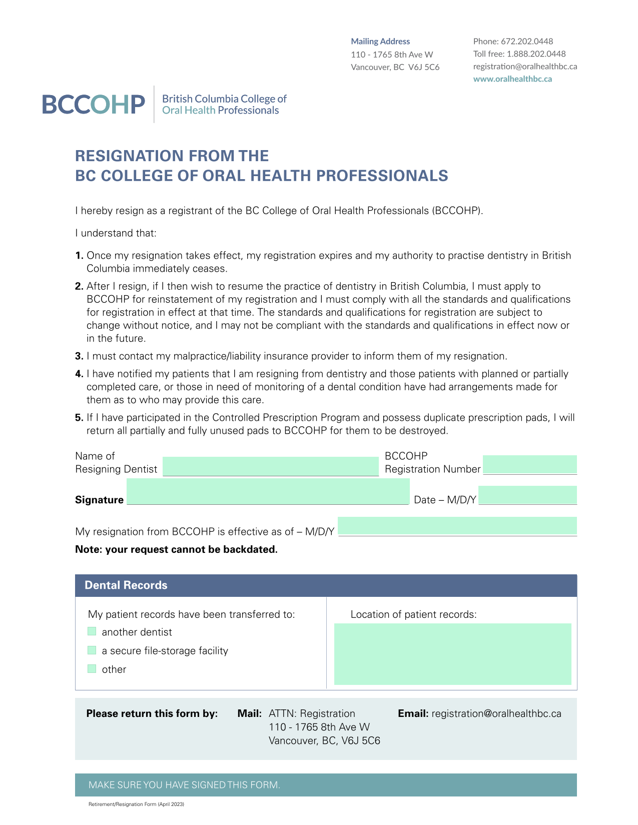Resignation From The BC College Of Oral Health Professionals screenshot