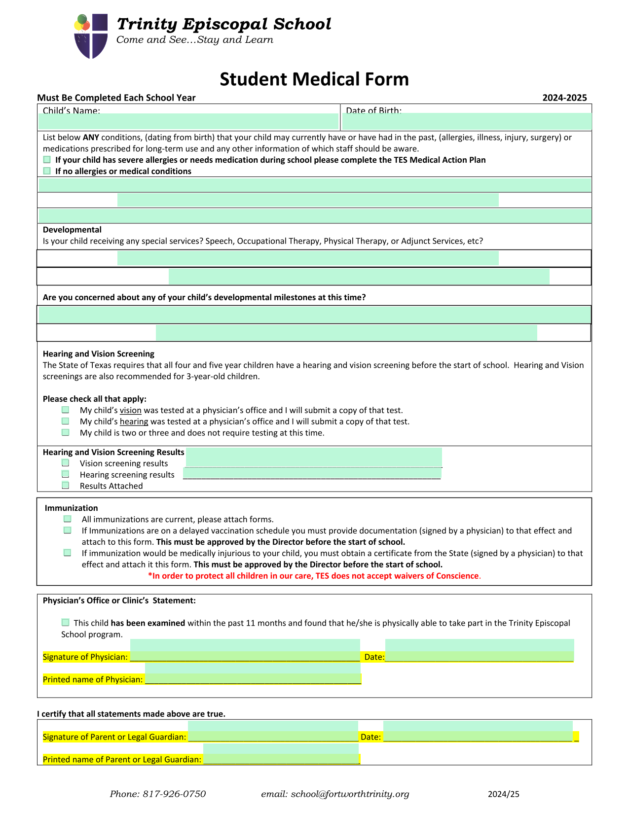 Student Medical Form screenshot