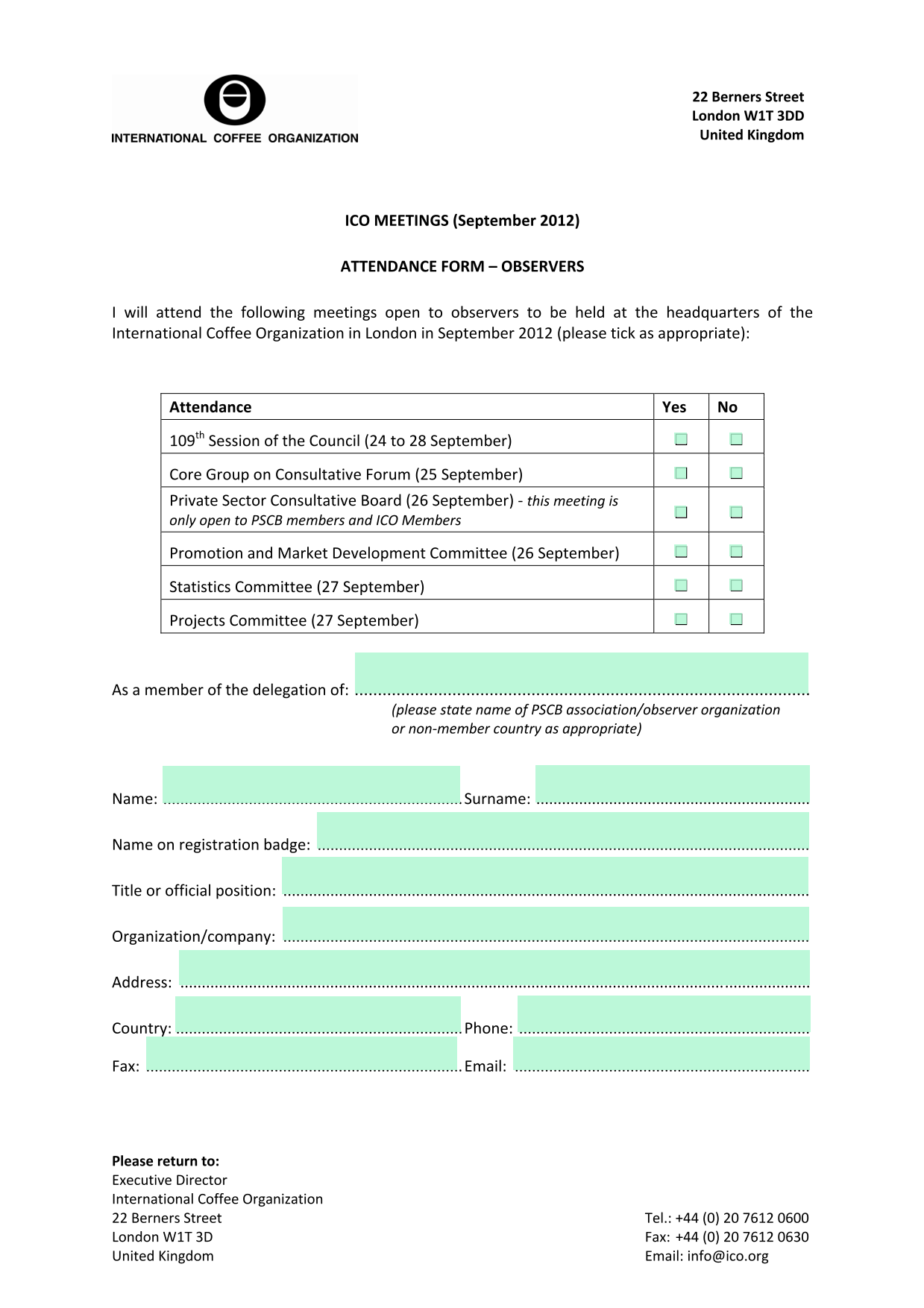 ICO MEETINGS (September 2012) ATTENDANCE FORM  OBSERVERS screenshot