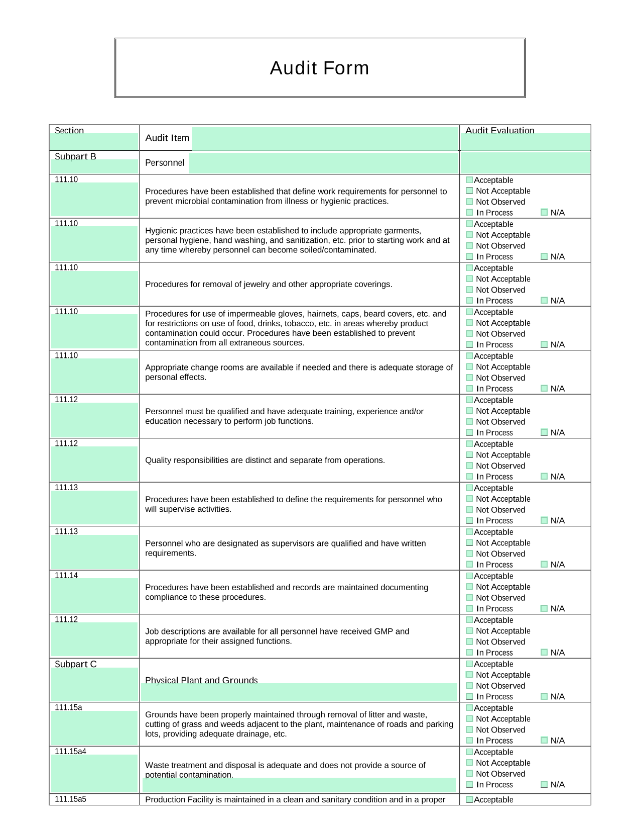 Audit Form screenshot