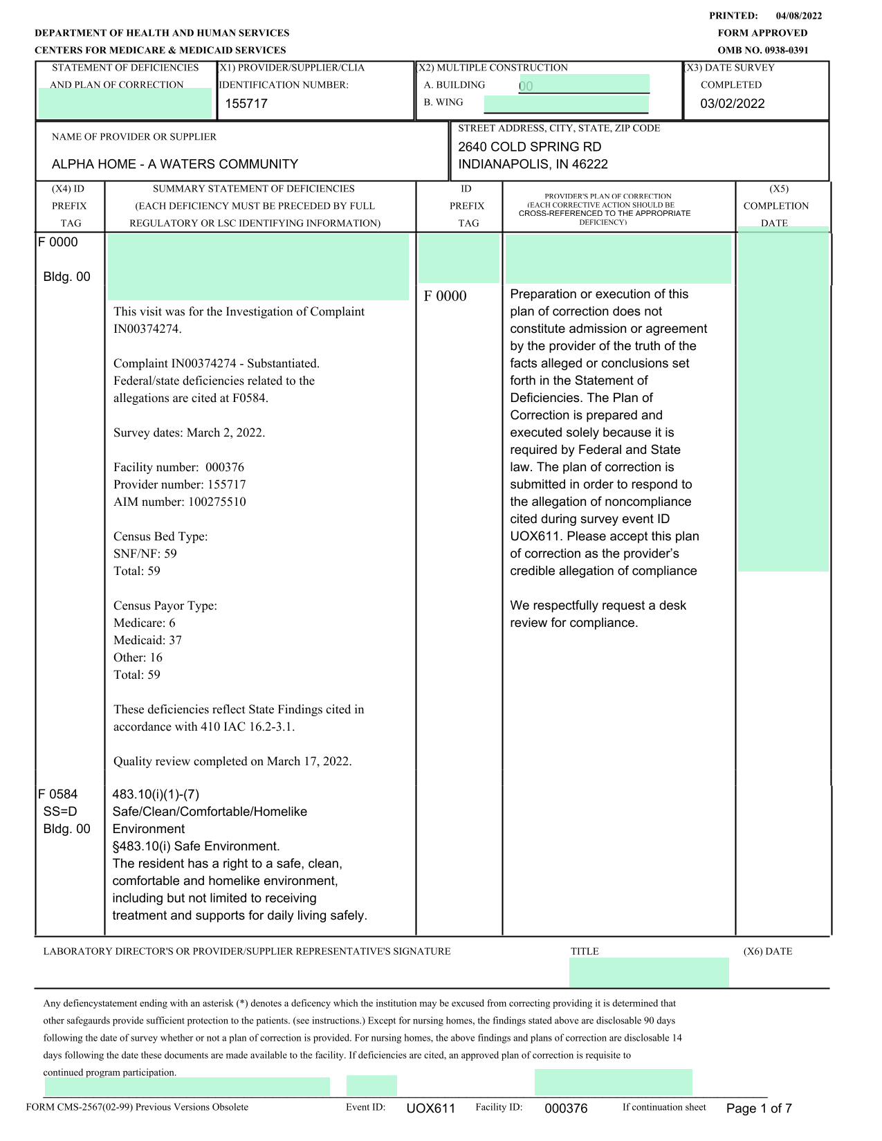 Statement Of Deficiencies And Plan Of Correction screenshot