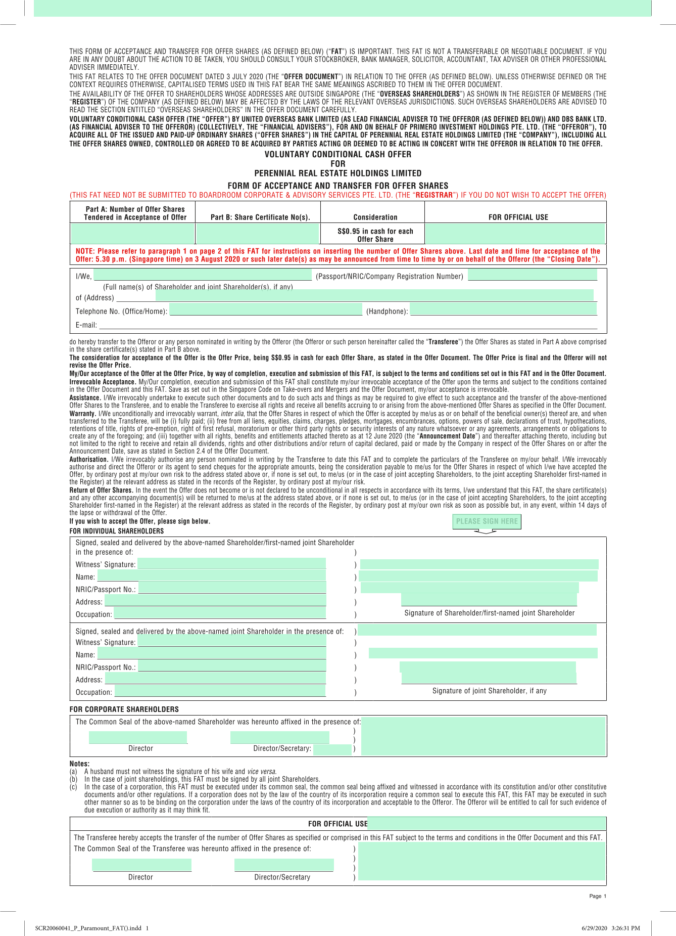 Form Of Acceptance And Transfer For Offer Shares screenshot