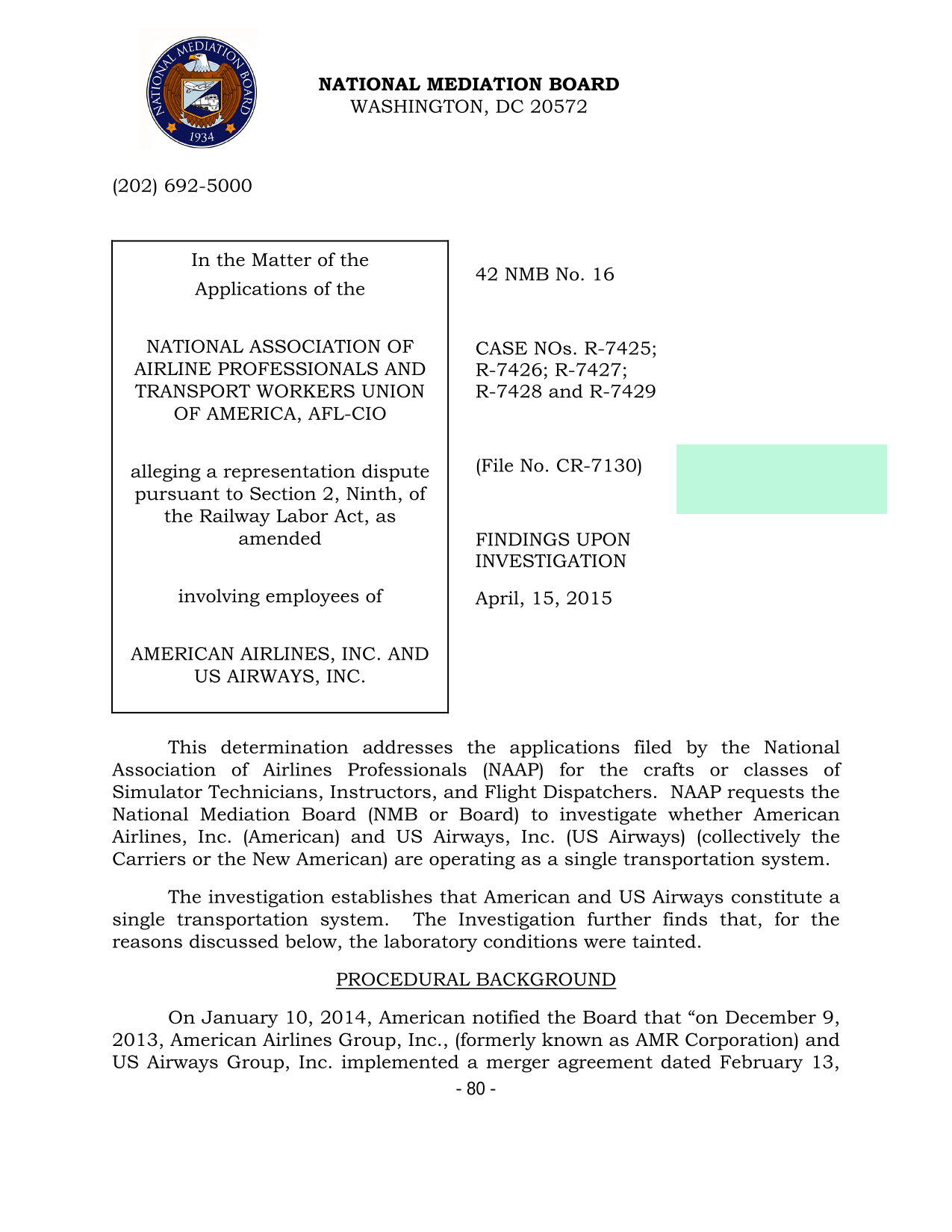 National Mediation Board Findings Upon Investigation screenshot
