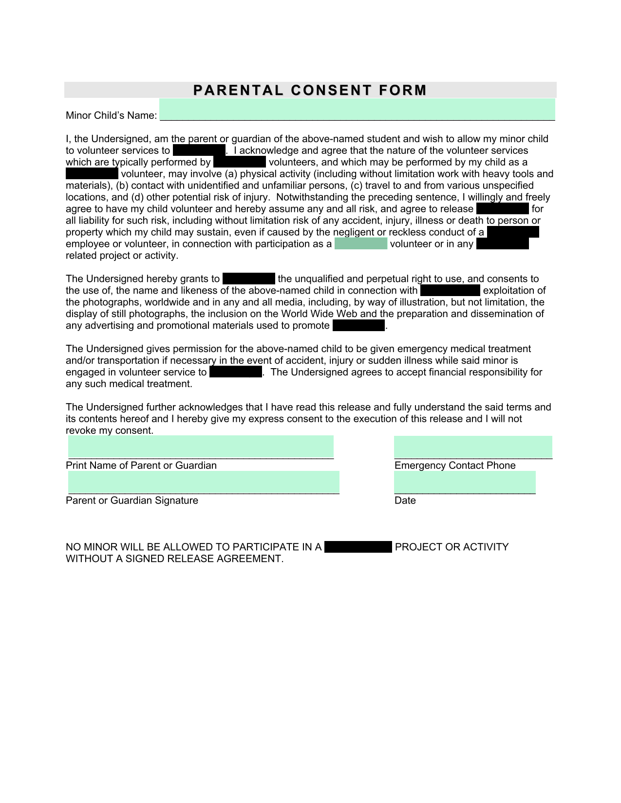 Parental Consent Form screenshot