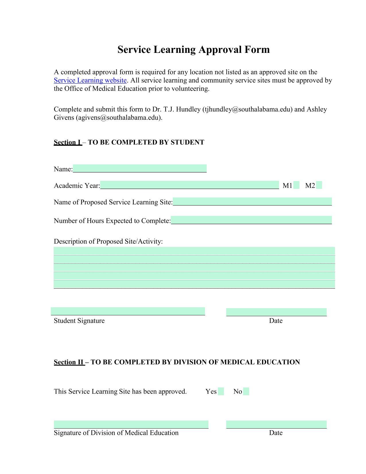 Service Learning Approval Form screenshot
