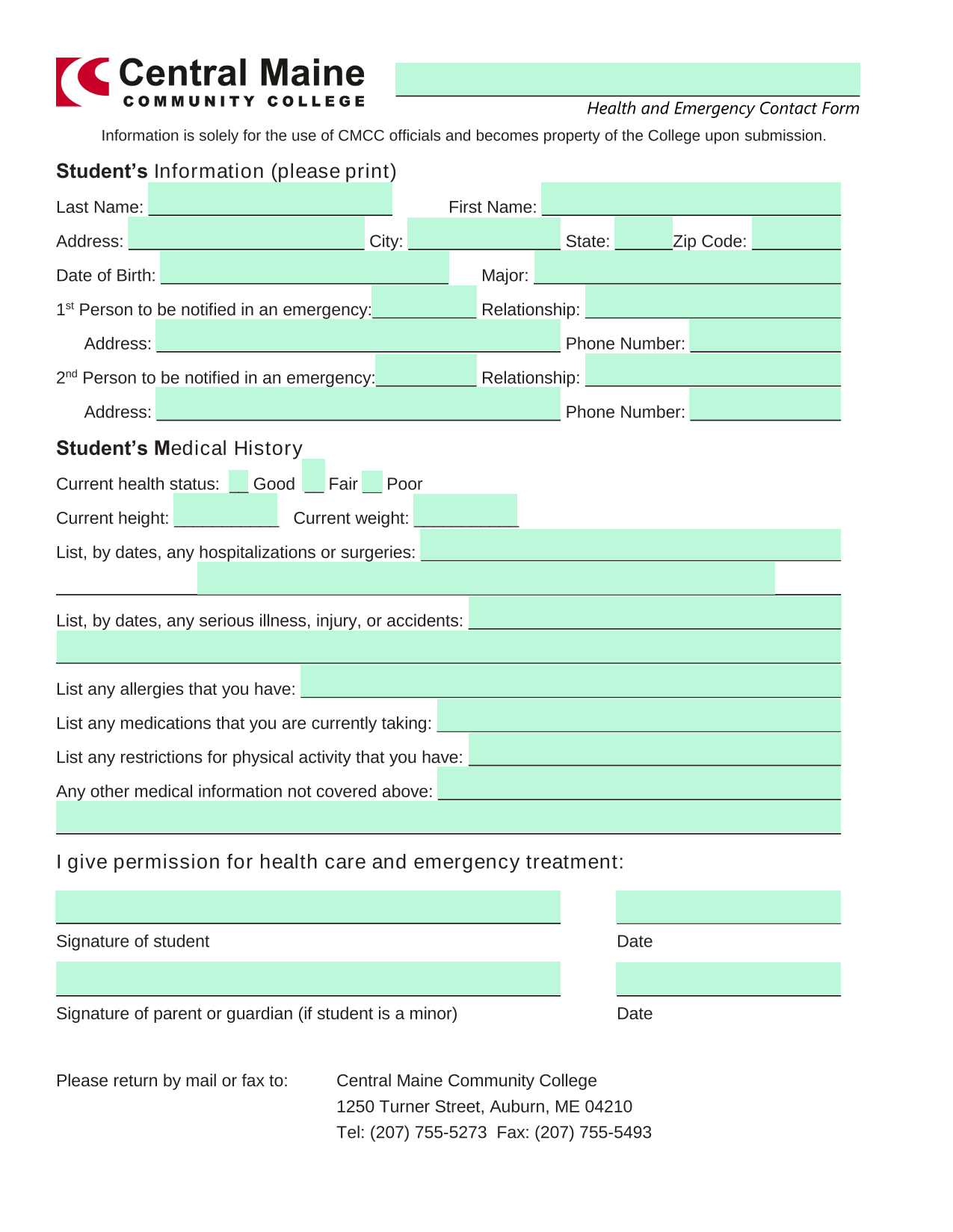 Health And Emergency Contact Form screenshot