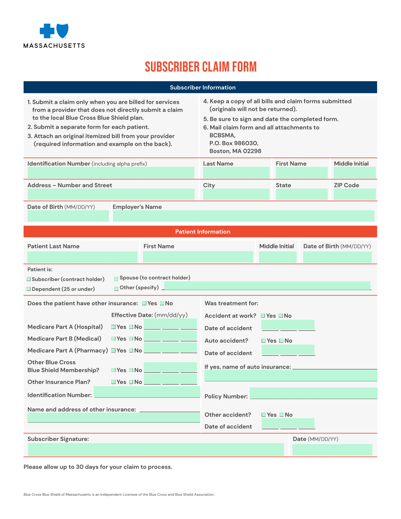 Subscriber Claim Form screenshot