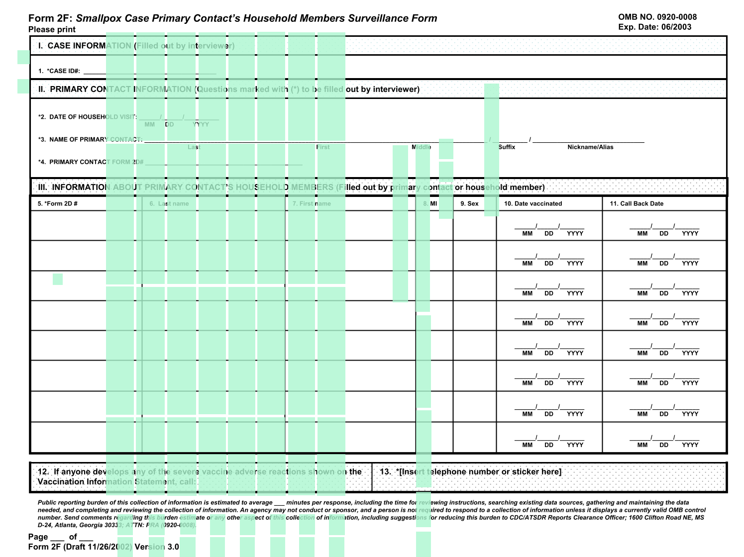 Form 2F Smallpox Case Primary ContactS Household Members Surveillance Form screenshot