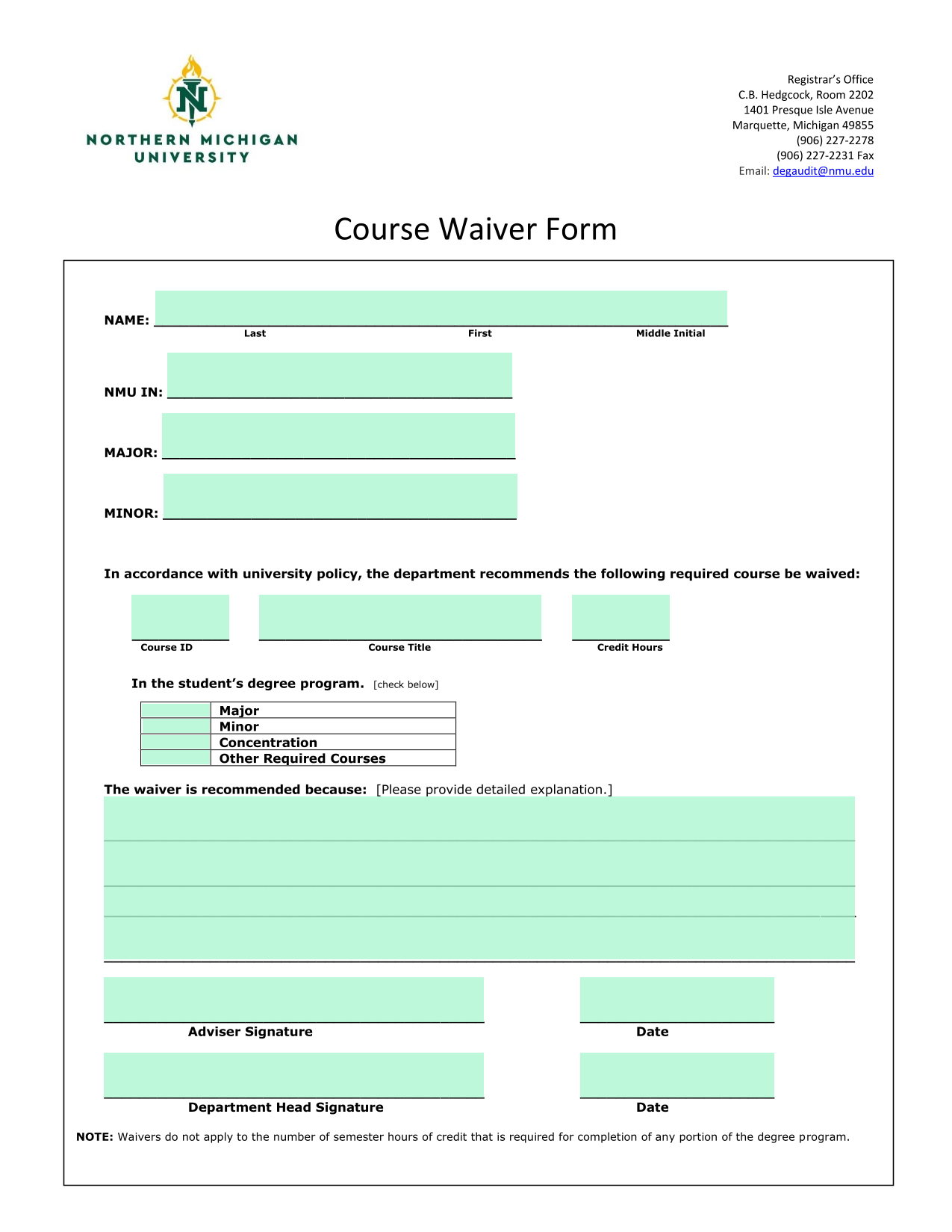 Course Waiver Form screenshot