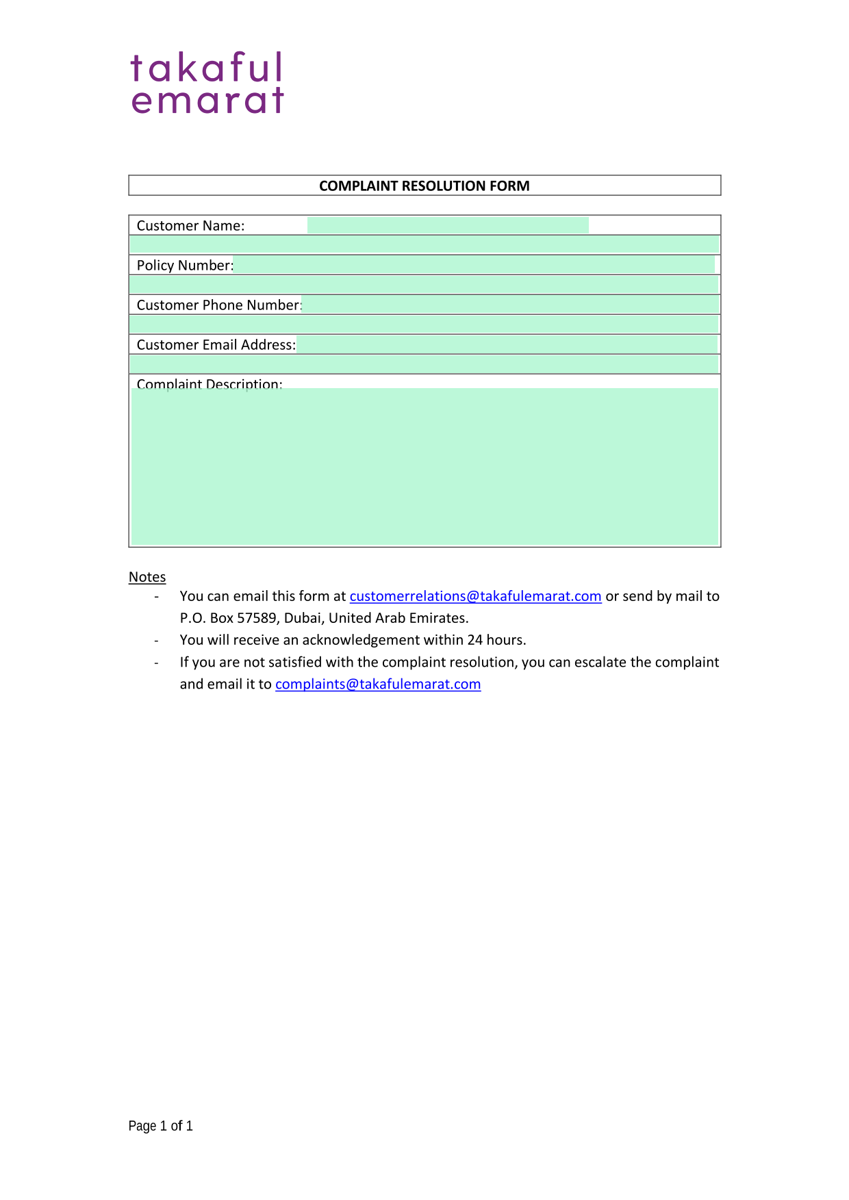COMPLAINT RESOLUTION FORM screenshot