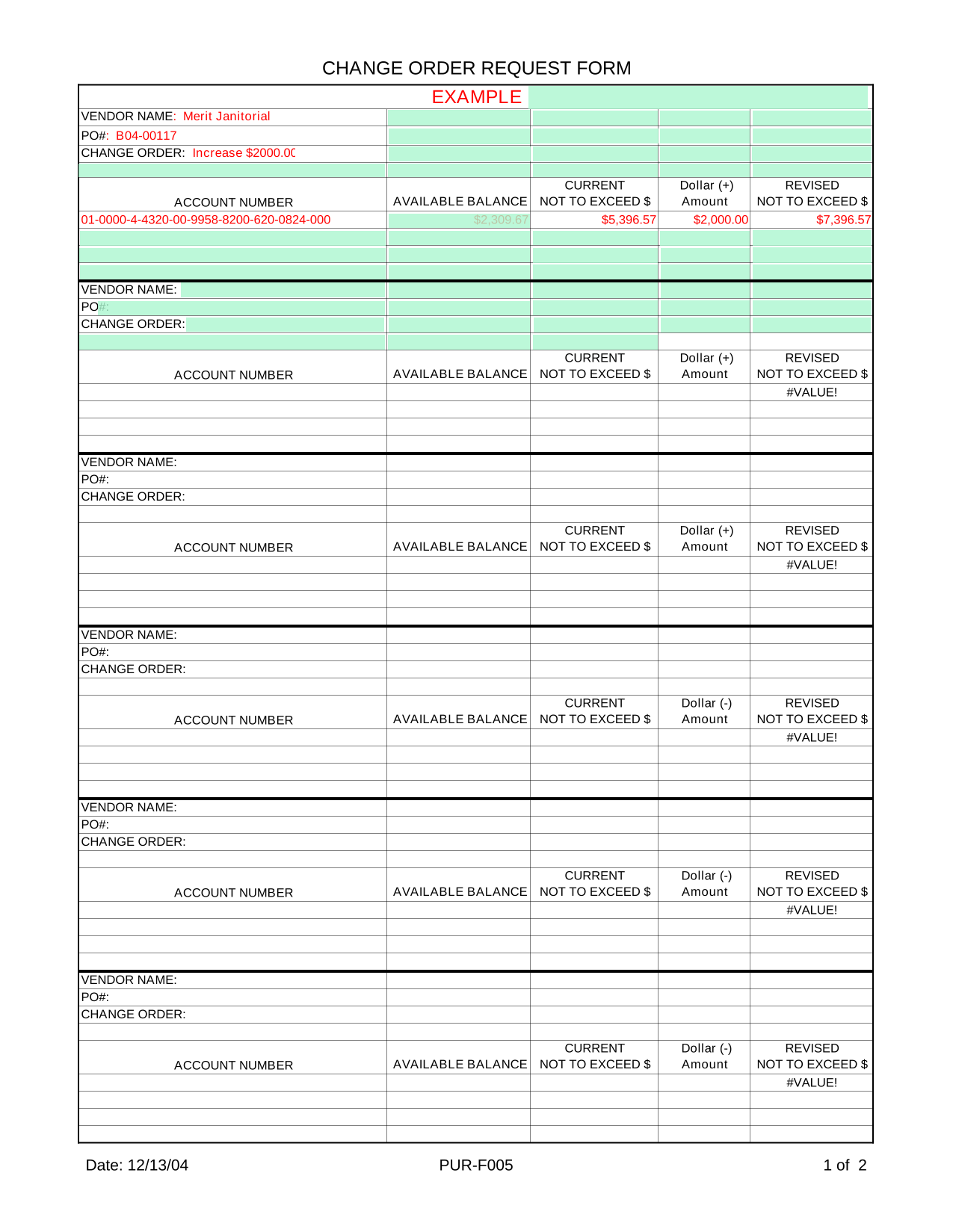 CHANGE ORDER REQUEST FORM screenshot