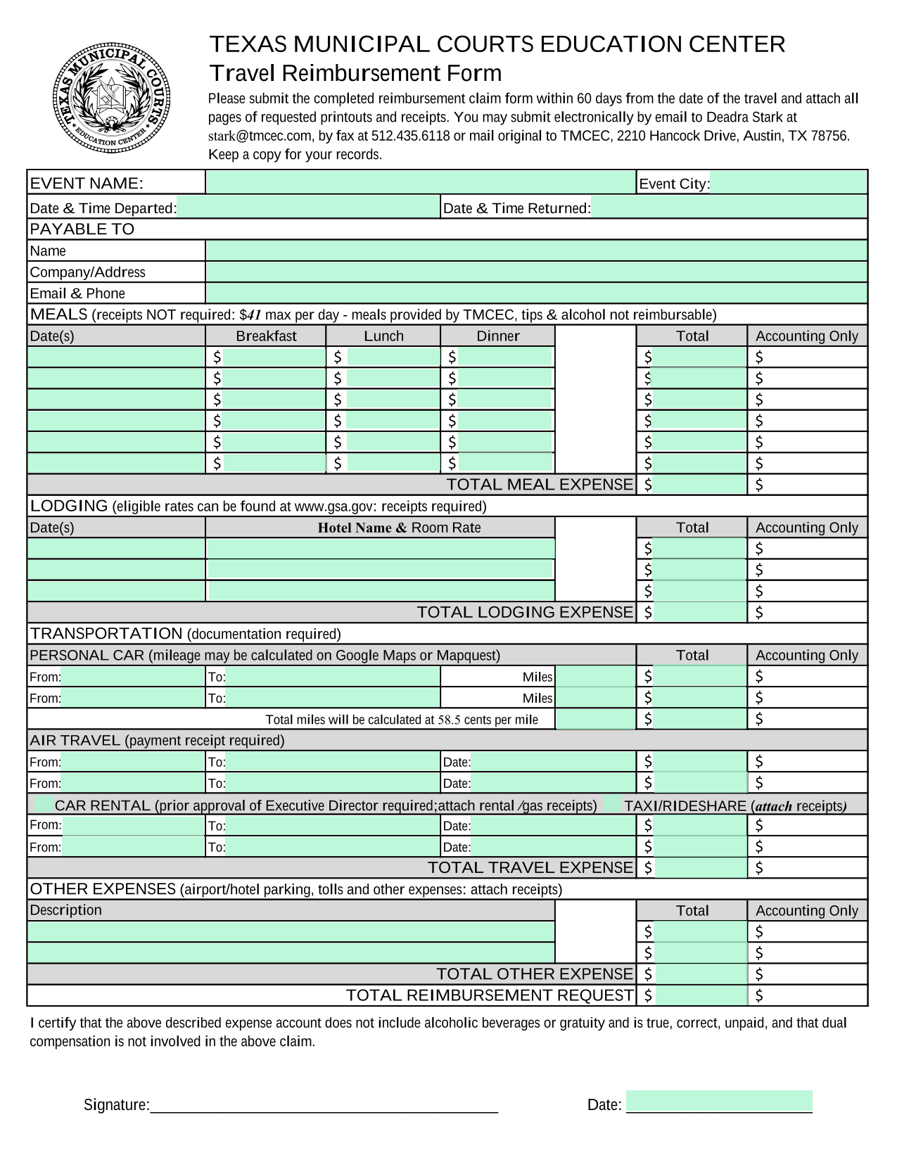 Travel Reimbursement Form screenshot
